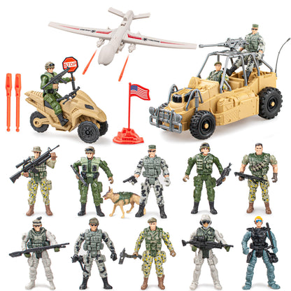 SYUUKH 10PCS US Army Men Action Figures with SWAT Team, K9 Dog, ATV, Drone, Motorcycle & 14 Weapons - Military Action Figures, Army Toys, Toy Soldiers