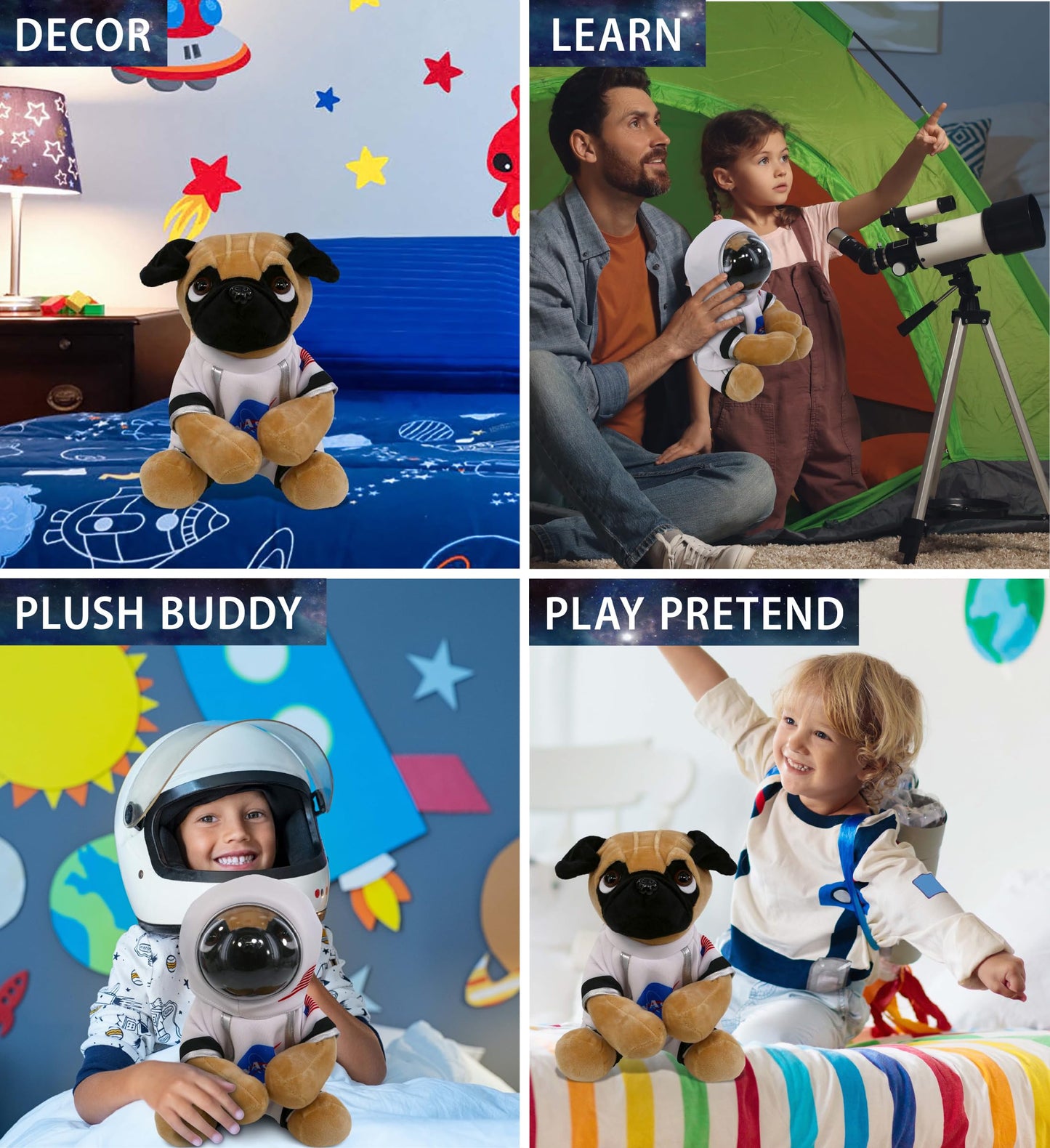 DolliBu Big Eyed Pug Dog Astronaut Plush Toy - Pet Astronaut Stuffed Animal with Space Helmet and NASA Astronaut Suit, Spaceman Doll Decor for Girls