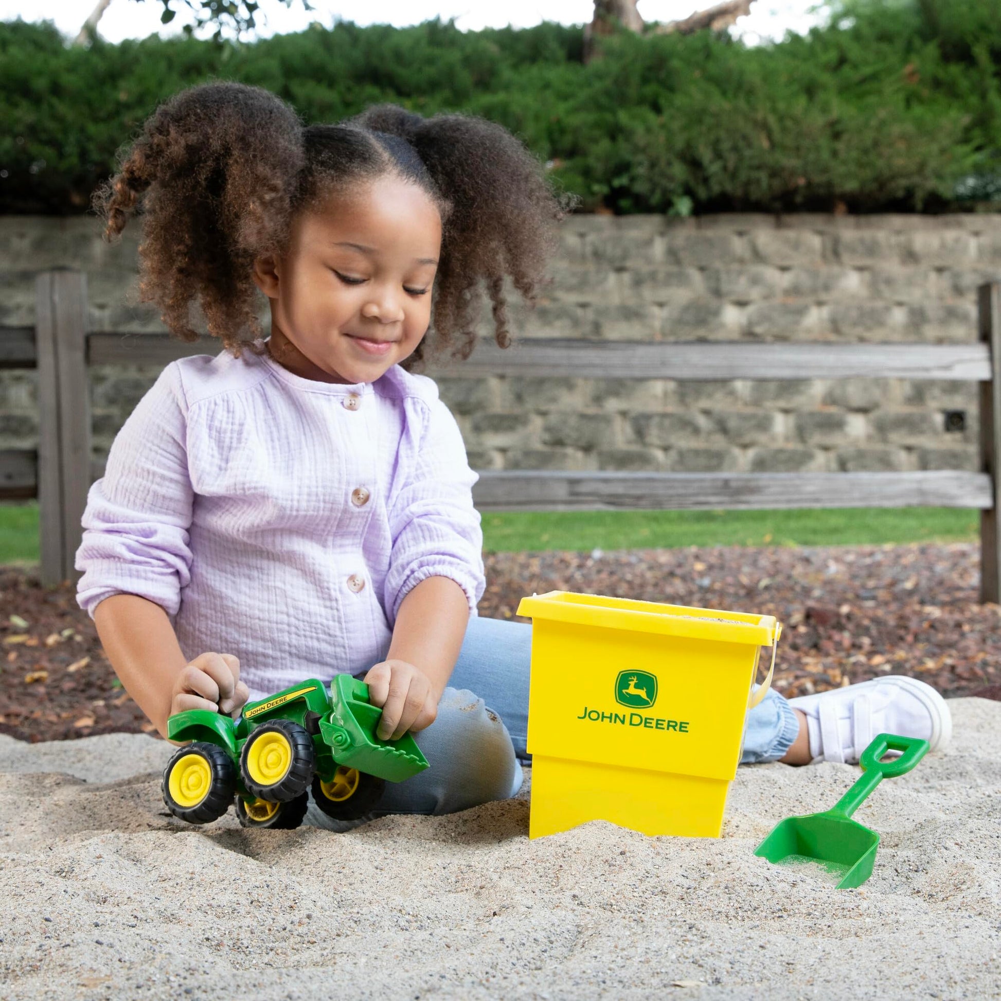 TOMY John Deere Sandbox Toy Set - Includes Dump Truck Toy, Bucket and Beach Shovel - Toddler Outdoor Toys and Farm Toys - Summer Kids Sand Toys
