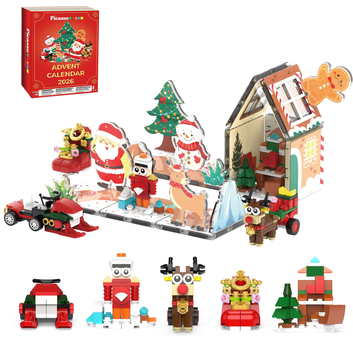PicassoTiles Magnetic Tiles Building Brick Block Advent Calendar Christmas Theme Set Gingerbread House Holiday Toy Piece Surprise Countdown Magnet