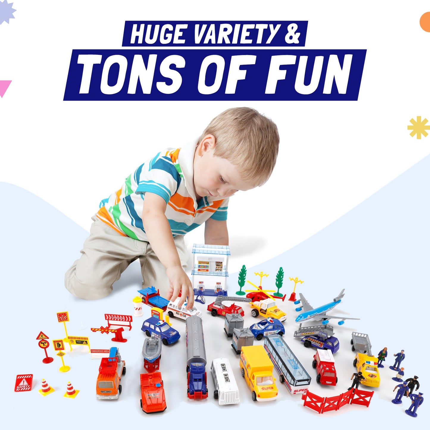 57 PCS Commercial Airport Playset with Airplane Toys, Play Vehicles, Fire Trucks, Police Cars & Figures, and Accessories in Storage Bucket for Kids