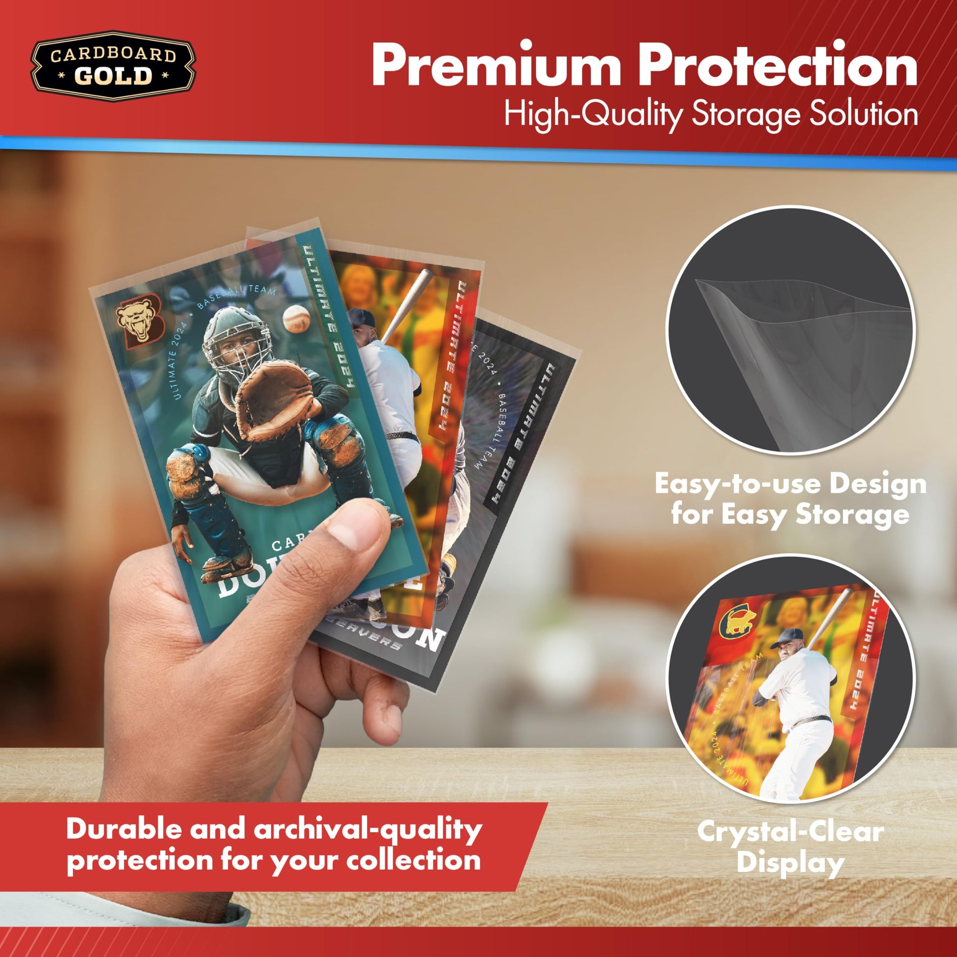 Cardboard Gold Penny Sleeves for Trading Cards - 1000 Count Card Protector Sleeves with Durable, Crystal-Clear Plastic for Baseball, Sports