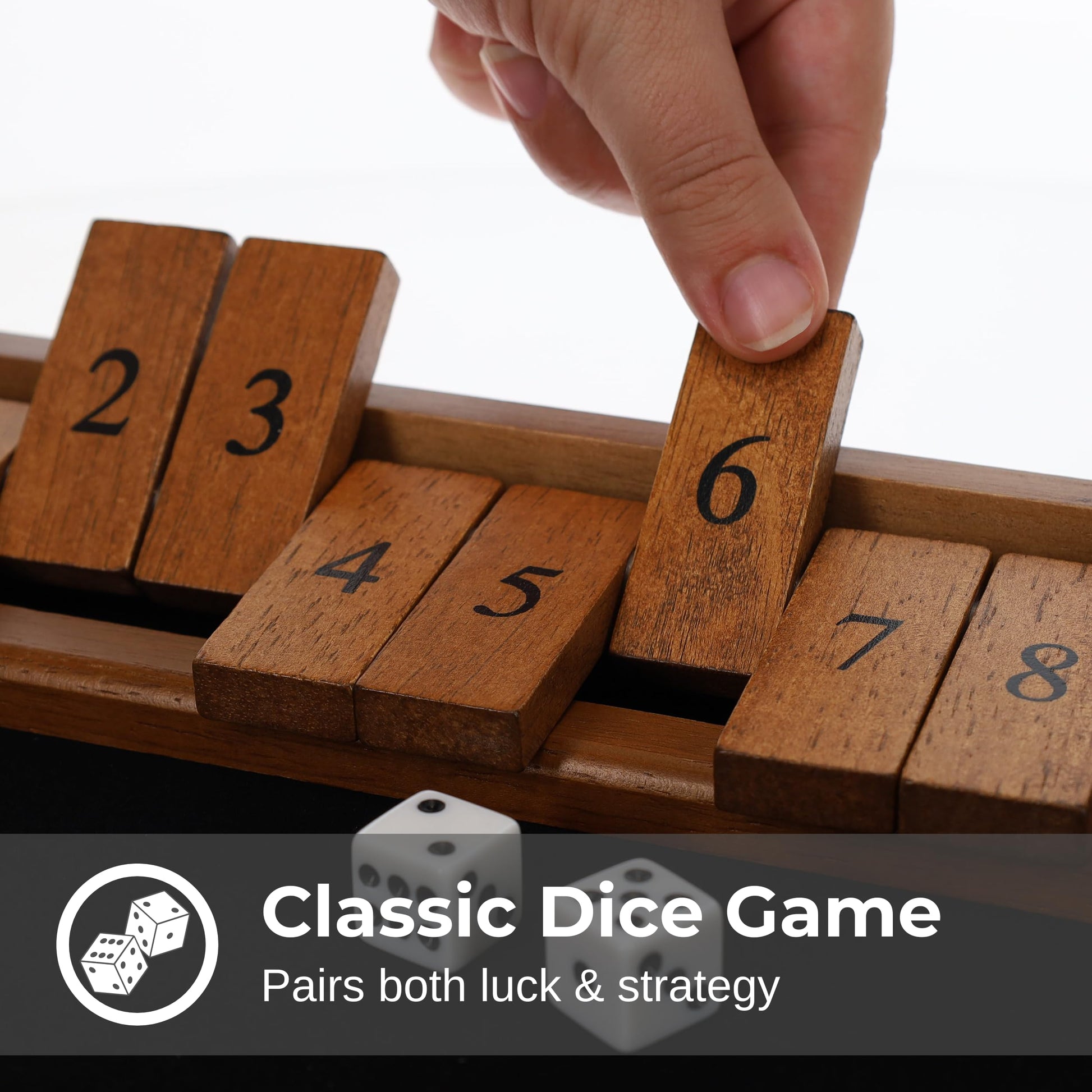 WE Games Wooden Shut the Box - Close the Box Set with 12 Number Tiles & 2 Dice Games - 13.5” Walnut Stained Finish