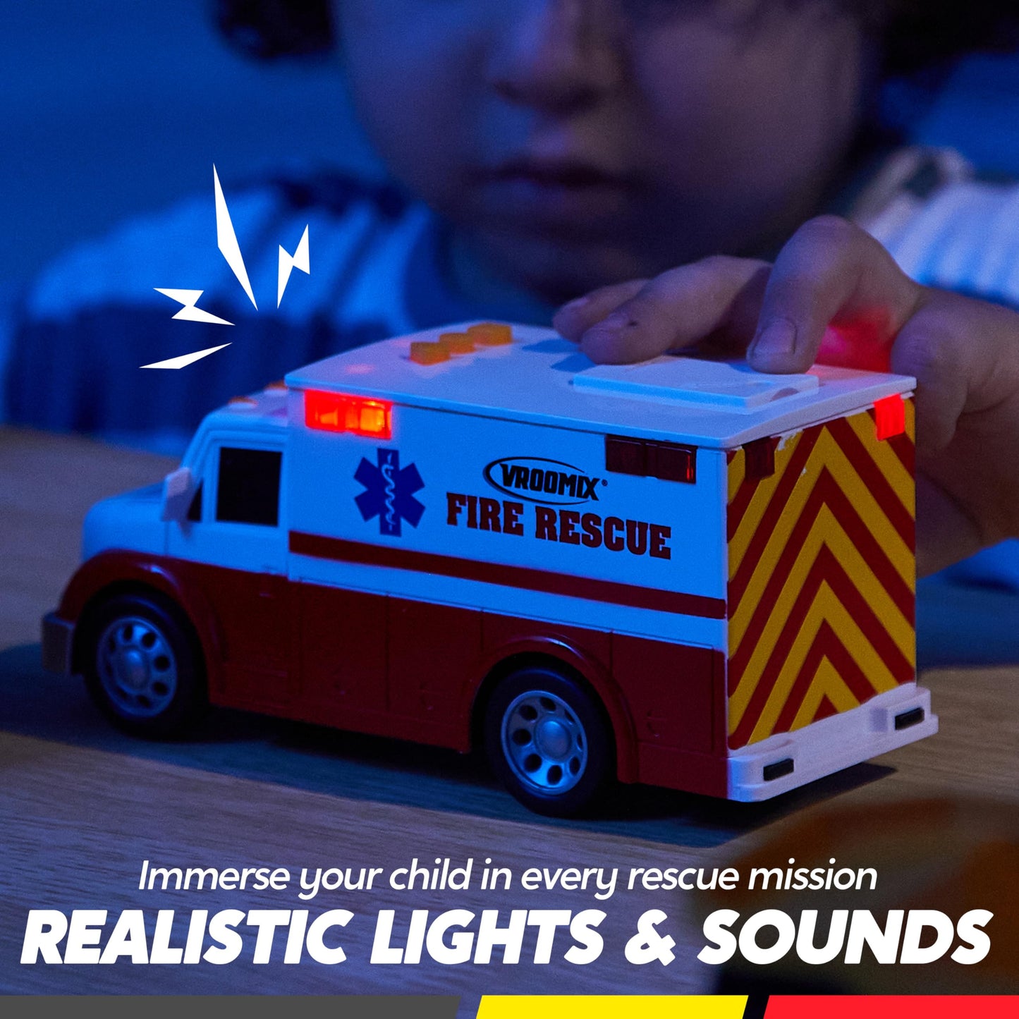 Vroomix JOVA Emergency and School Vehicle Toy Set - Friction Powered Police Car, Ambulance, Bus with Lights and Sounds - Educational and Safe Toy