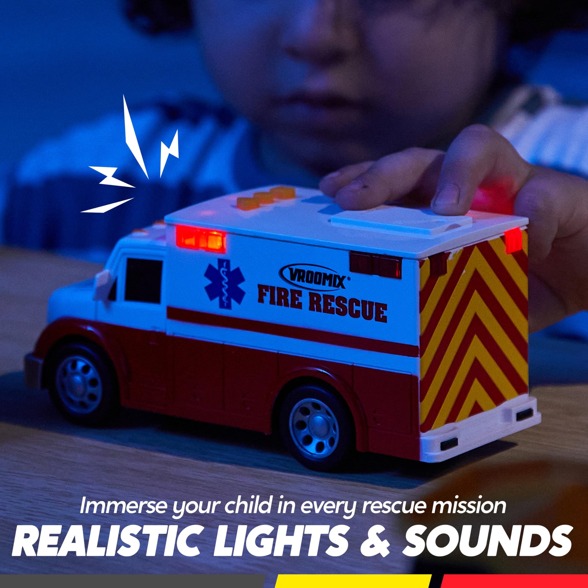 Vroomix JOVA Emergency and School Vehicle Toy Set - Friction Powered Police Car, Ambulance, Bus with Lights and Sounds - Educational and Safe Toy