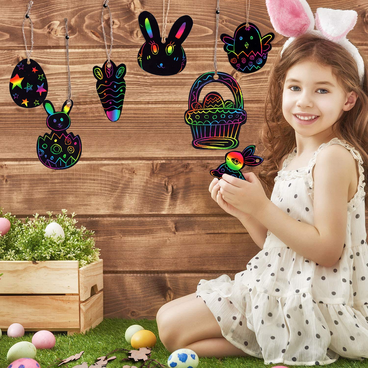 JOYIN 72 Pcs Easter Scratch Paper Set (12 Designs) Rainbow Scratch Art Easter Crafts Kit for Kids with Wooden Stick and Ribbon, Rainbow Color Scratch