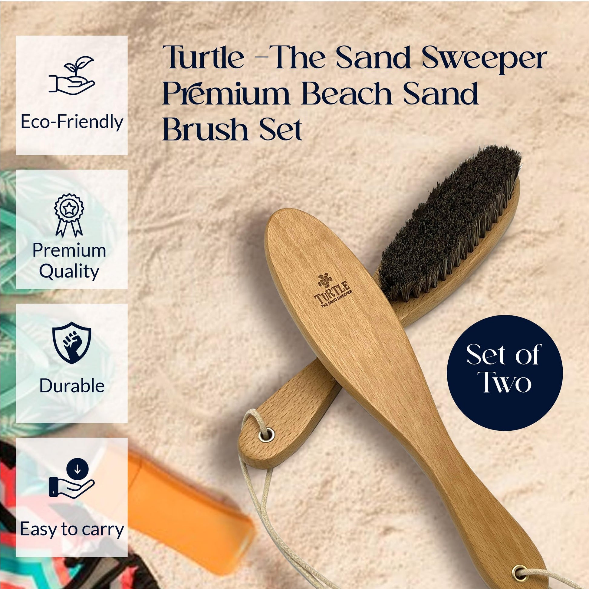 Beach Sand and Pool Feet Brush w/Soft Bristles | 2 Pc. Set | Use Also for Surfboards, Towels, Chairs, Pet Paws, & Outdoor Gear | Portable Travel Gear