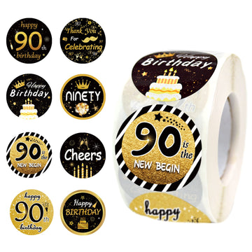 600 PCS 1.5 Inch Happy 90th Birthday Roll Stickers, 8 Different Design Black Gold Happy 90th Birthday Round Labels Birthday Party Favor Anniversary