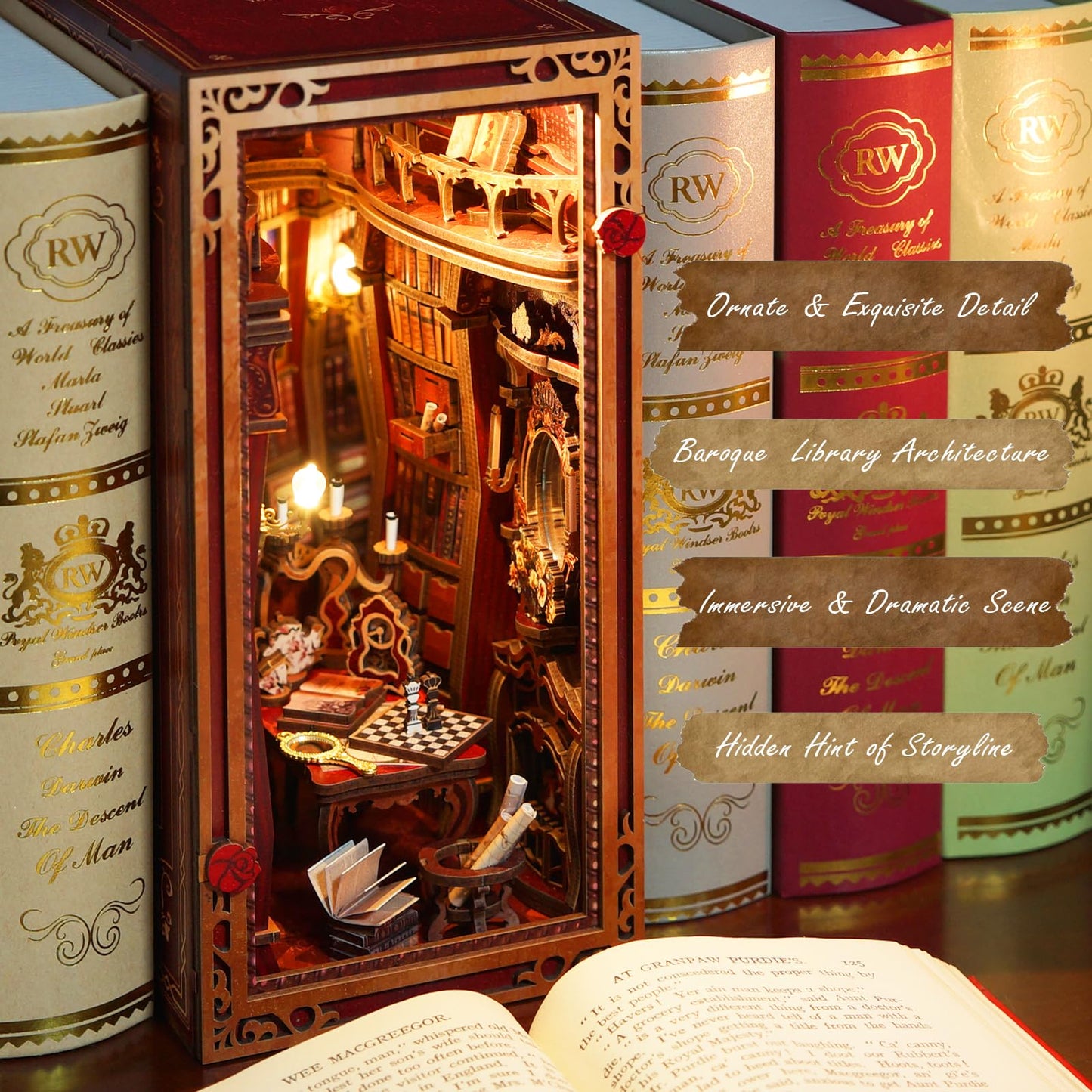 JOOHOUR DIY Book Nook Kit, Beauty and The Beast, Dollhouse Miniature, Booknook Bookshelf Insert Decor Alley 3D Wooden Puzzle, Bookends Model Building