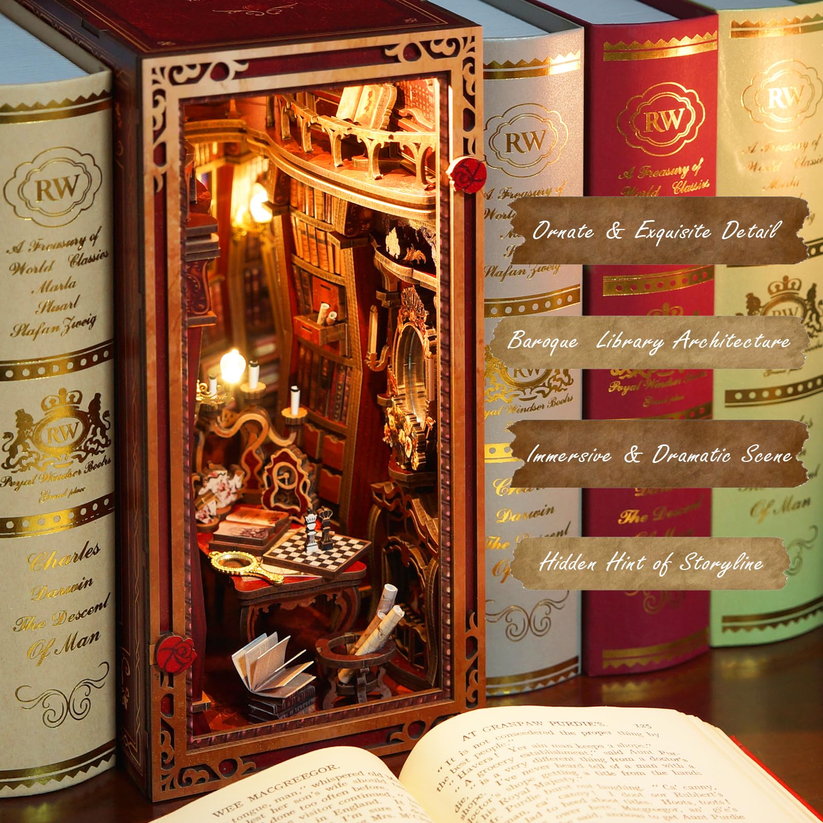 JOOHOUR DIY Book Nook Kit, Beauty and The Beast, Dollhouse Miniature, Booknook Bookshelf Insert Decor Alley 3D Wooden Puzzle, Bookends Model Building