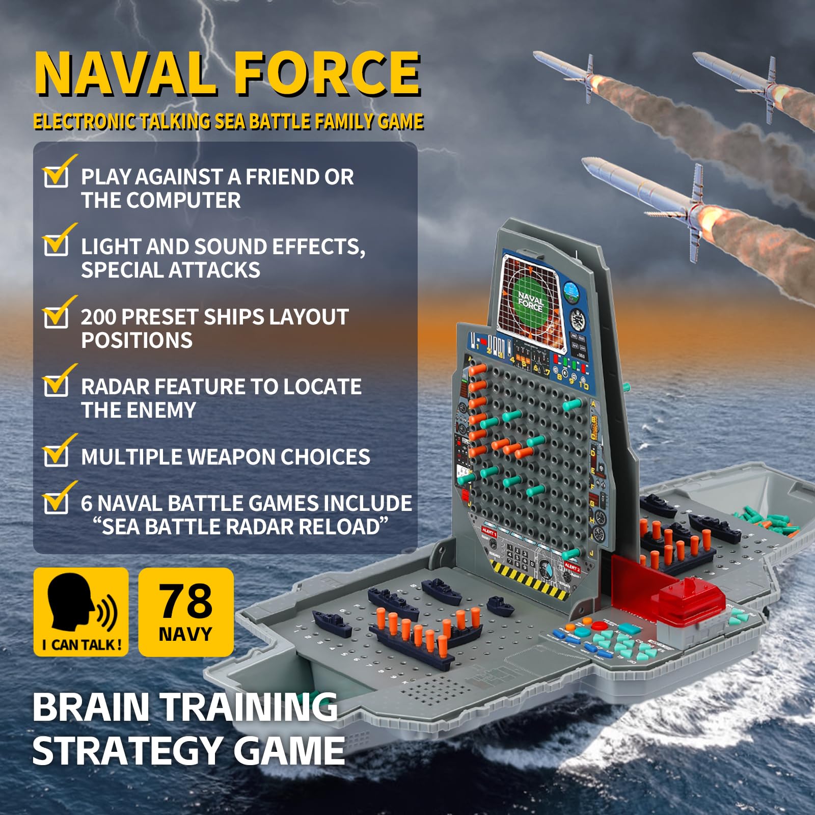 LEVEROAM Talking Sea Battle Board Game with Light and Sound Effects, Electronic Naval Battle Strategy Game with 200 Preset Ships Layout, Logicality
