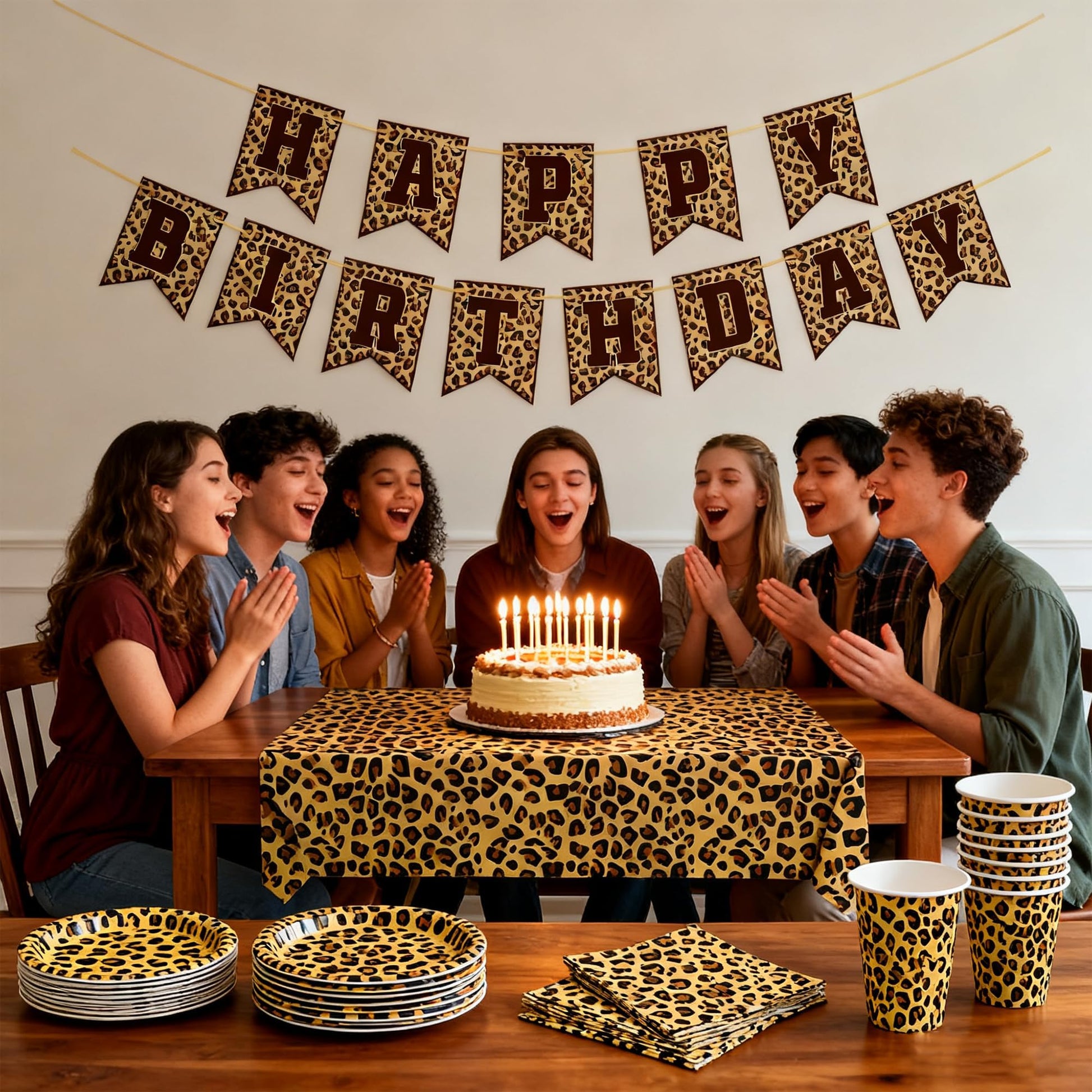 Leopard Print Party Supplies, Cheetah Happy Birthday Party Decorations with Plates Napkins Cups Tablecloth for Safari Animal Leopard Birthday Party