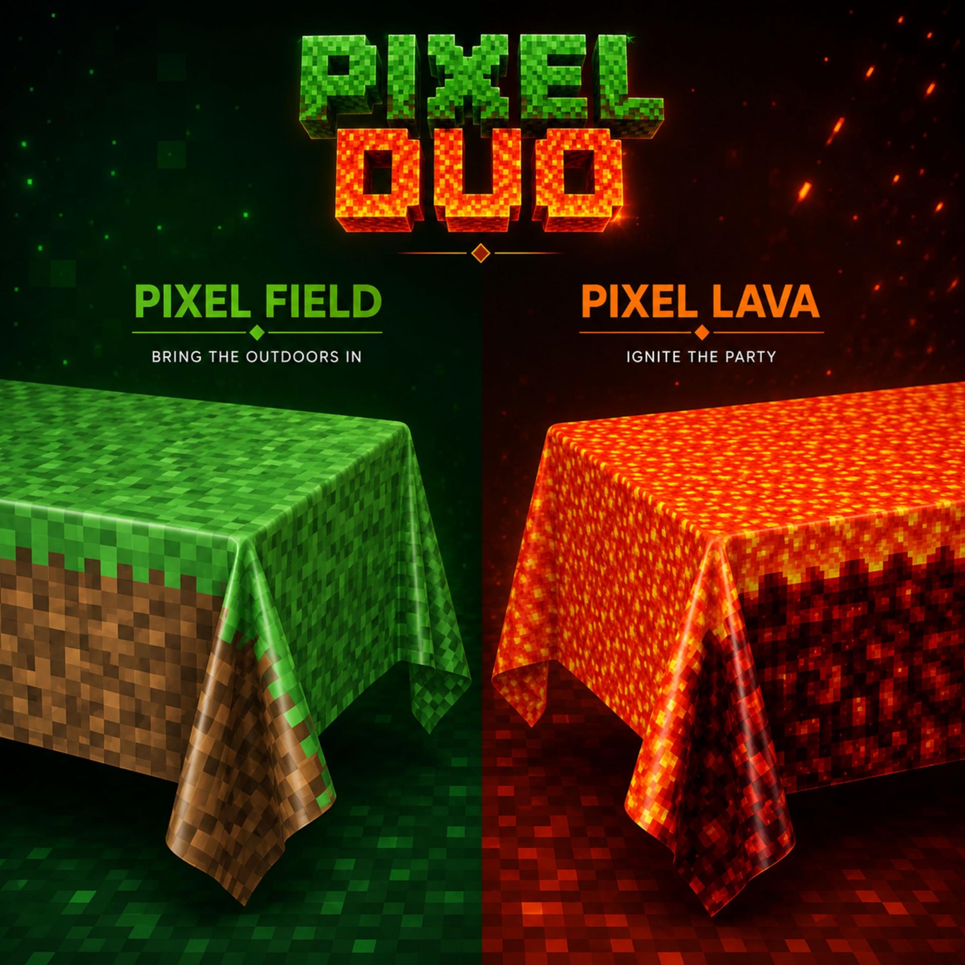 Pixel Field & Lava Duo Table Covers (Pack of 2) - XL 54"x108" - Immersive Biomes Birthday Party Decorations, Gamer Party Tablecloth, Pixel Themed