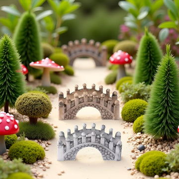 2 Pack Gray and Brown Miniature Stone Arch Bridges, Fairy Garden Ornaments for Dollhouse, Aquarium and DIY Micro Landscape Decor, Garden Bridges