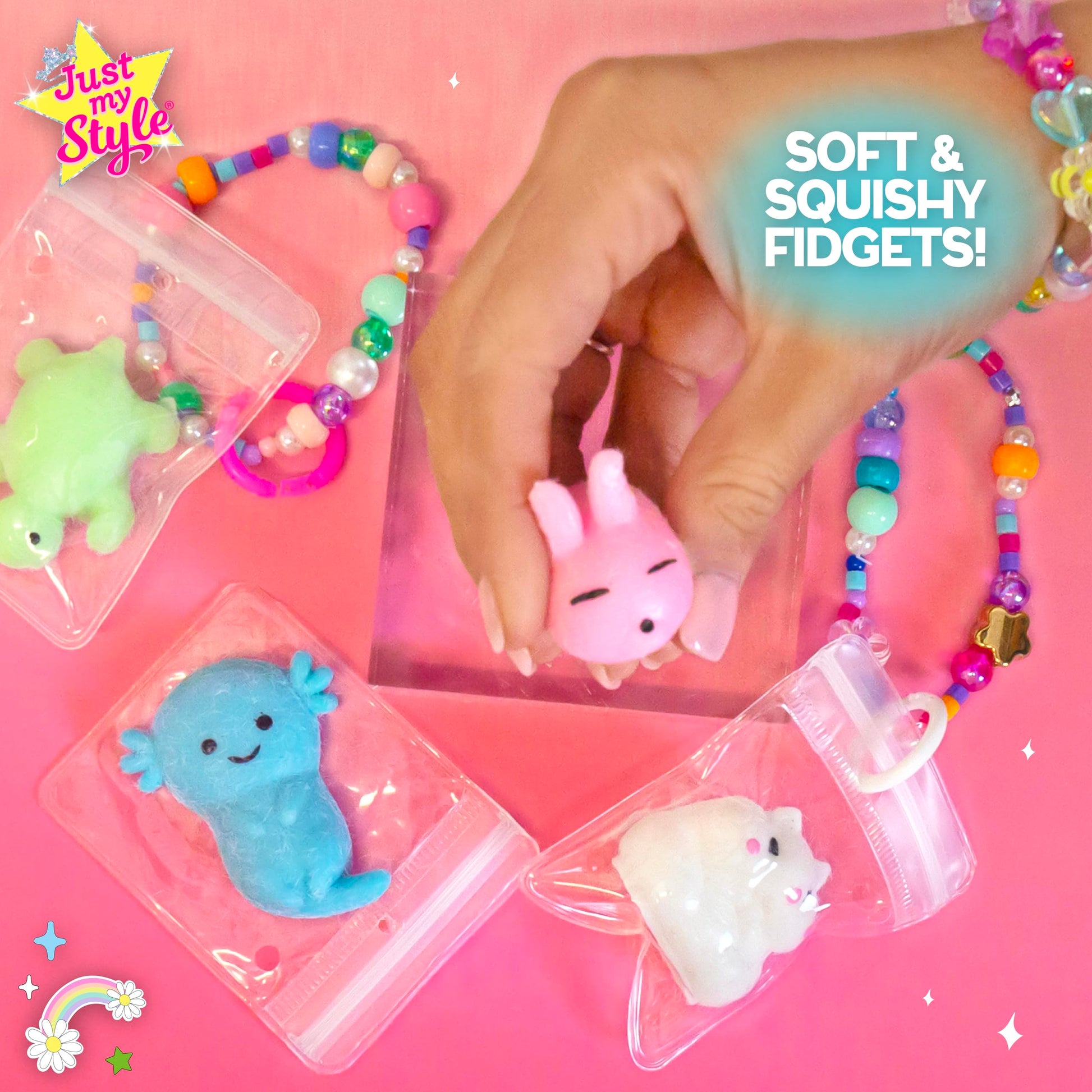 Just My Style Squishy Charms, Create 5 Squishy Bag Charms, Necklaces, Friendship Bracelets with Kawaii TPR Squishies in Pouches & Beads for Jewelry