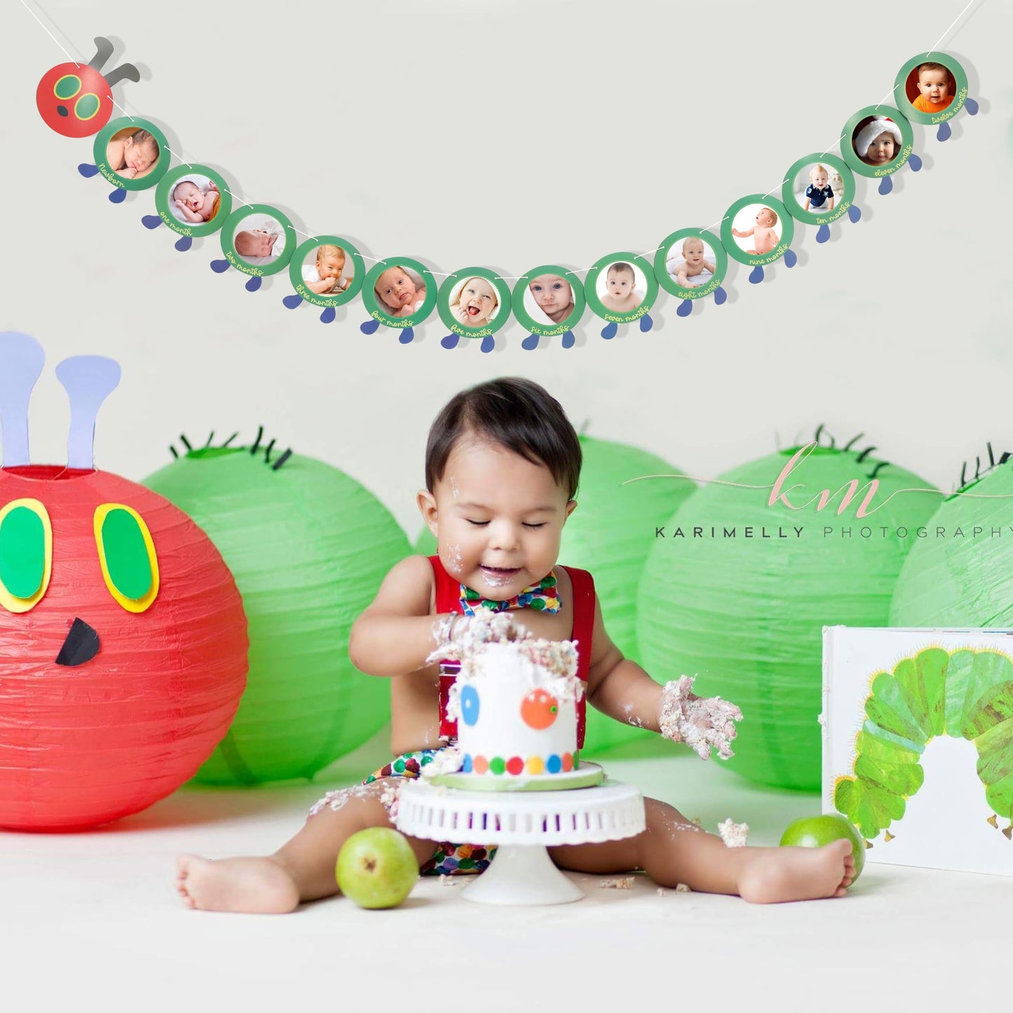 Hungry Caterpillar Monthly Milestone Photo Banner - Newborn to 12 Months, Fruit Theme, 1st Birthday Decoration