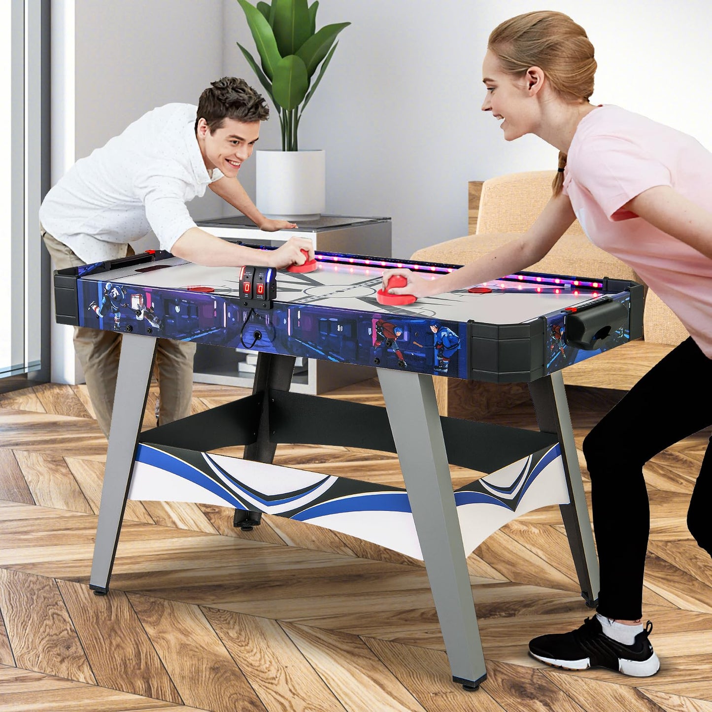 Goplus 54" Air Hockey Table, Hockey Game Table w/LED Scoreboard, Lights, 2 Pucks, 2 Pushers, Powerful 12V Motor, Indoor Powered Arcade Style Table