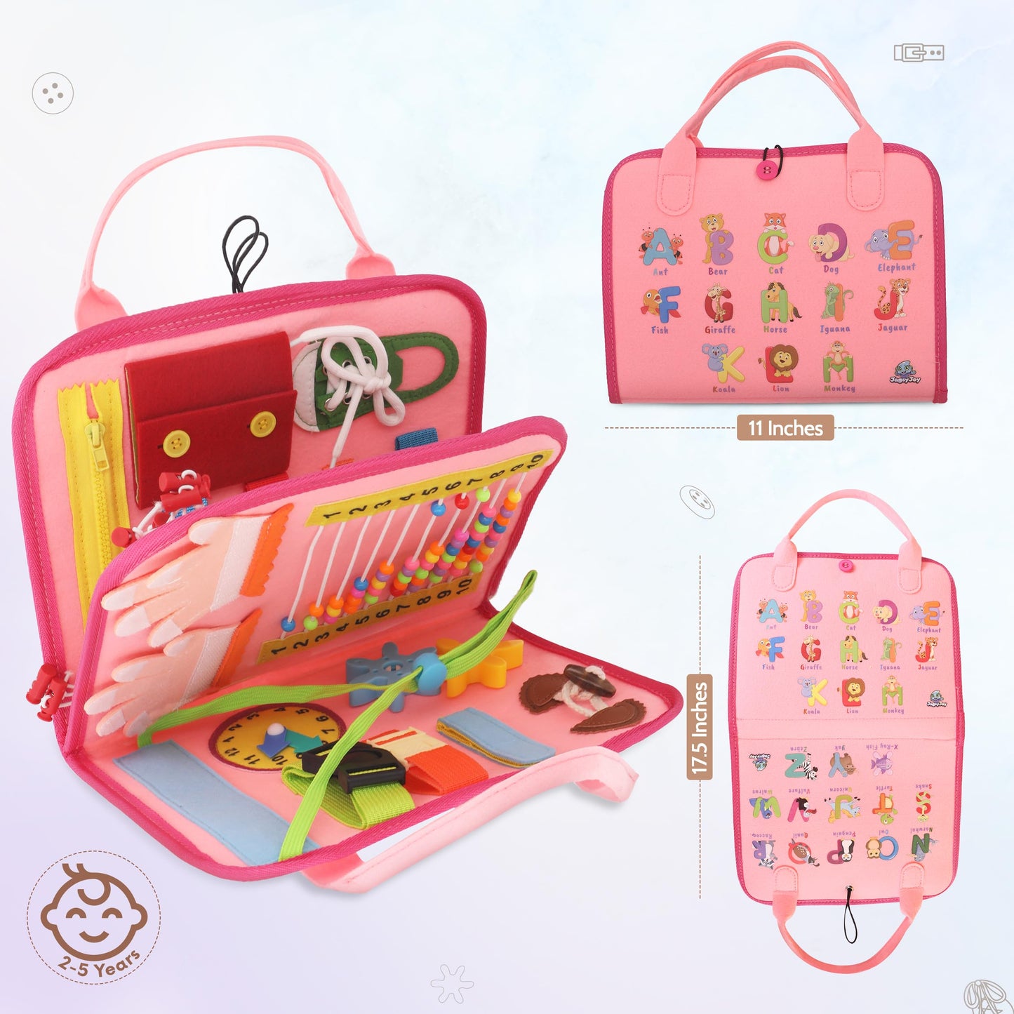 JAGSYJOY Montessori Busy Book for Toddlers, Pink Busy Board Book Quiet Play