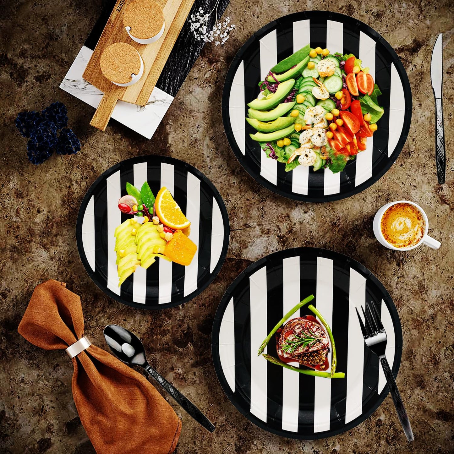 Serve25 175Pcs Black & White Striped Party Supplies - 9" & 7" Striped Paper Plates, Napkins, Cups, Cutlery for Black & White Birthday Party
