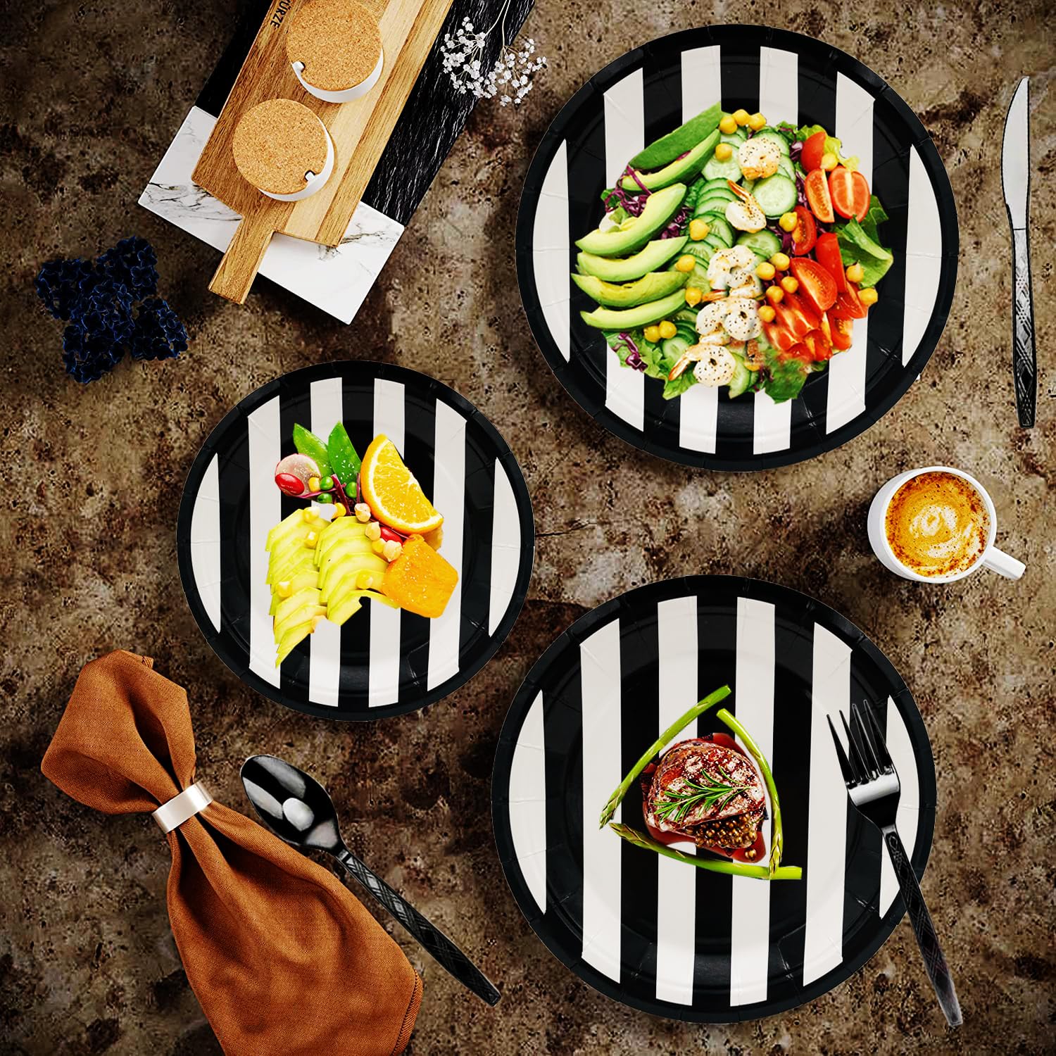 Serve25 175Pcs Black & White Striped Party Supplies - 9" & 7" Striped Paper Plates, Napkins, Cups, Cutlery for Black & White Birthday Party