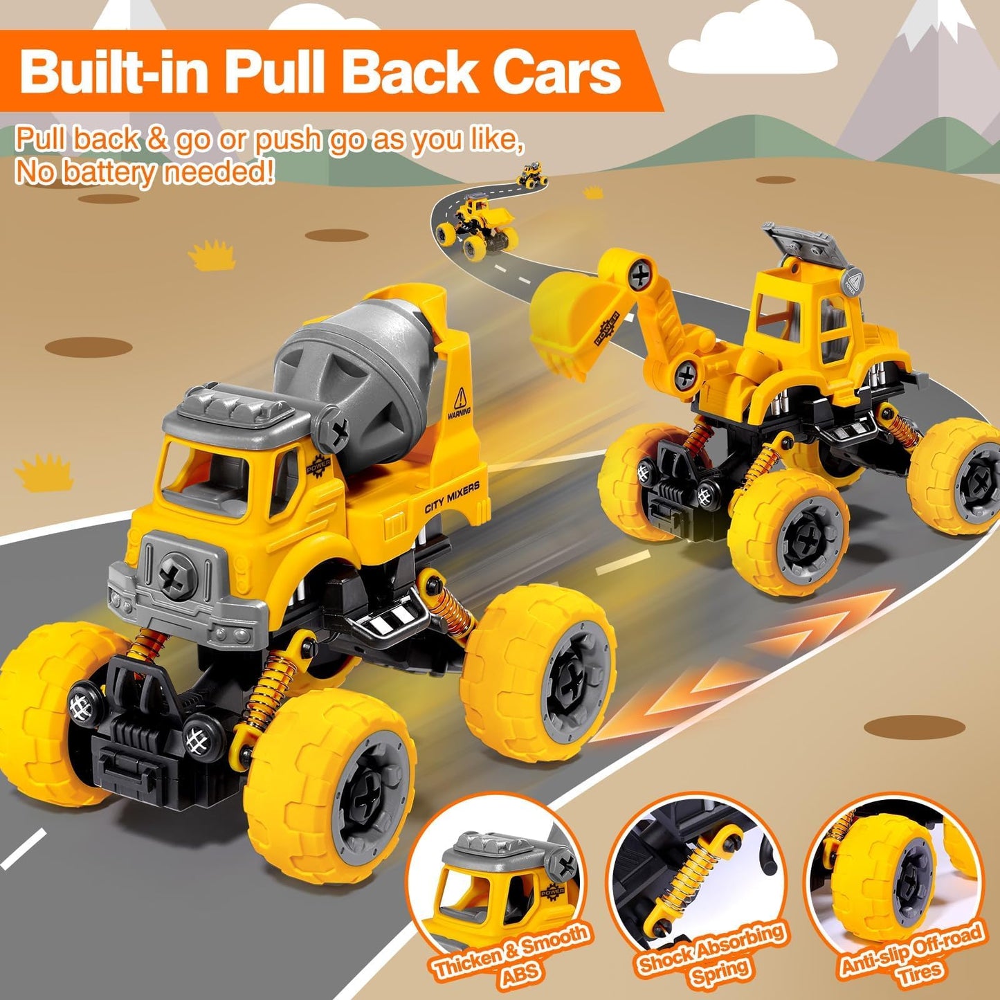 LUDILO Toys for 3 4 5 Year Old Boy Birthday Gift: 4PCS Take Apart Construction Truck Excavator Toy with Electric Drill, Kids Building Stem Learning
