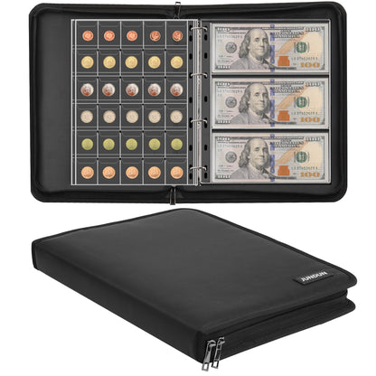 Fireproof Coin Collection Album for Collectors, 300 Pockets Coins Collecting Album & 36 Sleeves Money Storage Case for Coin Currency Collection