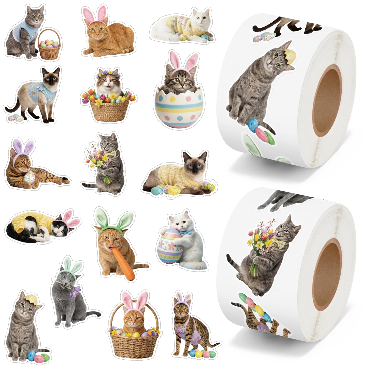 5wsech Cute Realistic Cat Roll Stickers - 1000 Colorful Eggs Rabbit Ears Holiday Dress Up Realistic Cat Vinyl Decals for Kids, Funny Kitten Stickers