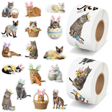 5wsech Cute Realistic Cat Roll Stickers - 1000 Colorful Eggs Rabbit Ears Holiday Dress Up Realistic Cat Vinyl Decals for Kids, Funny Kitten Stickers