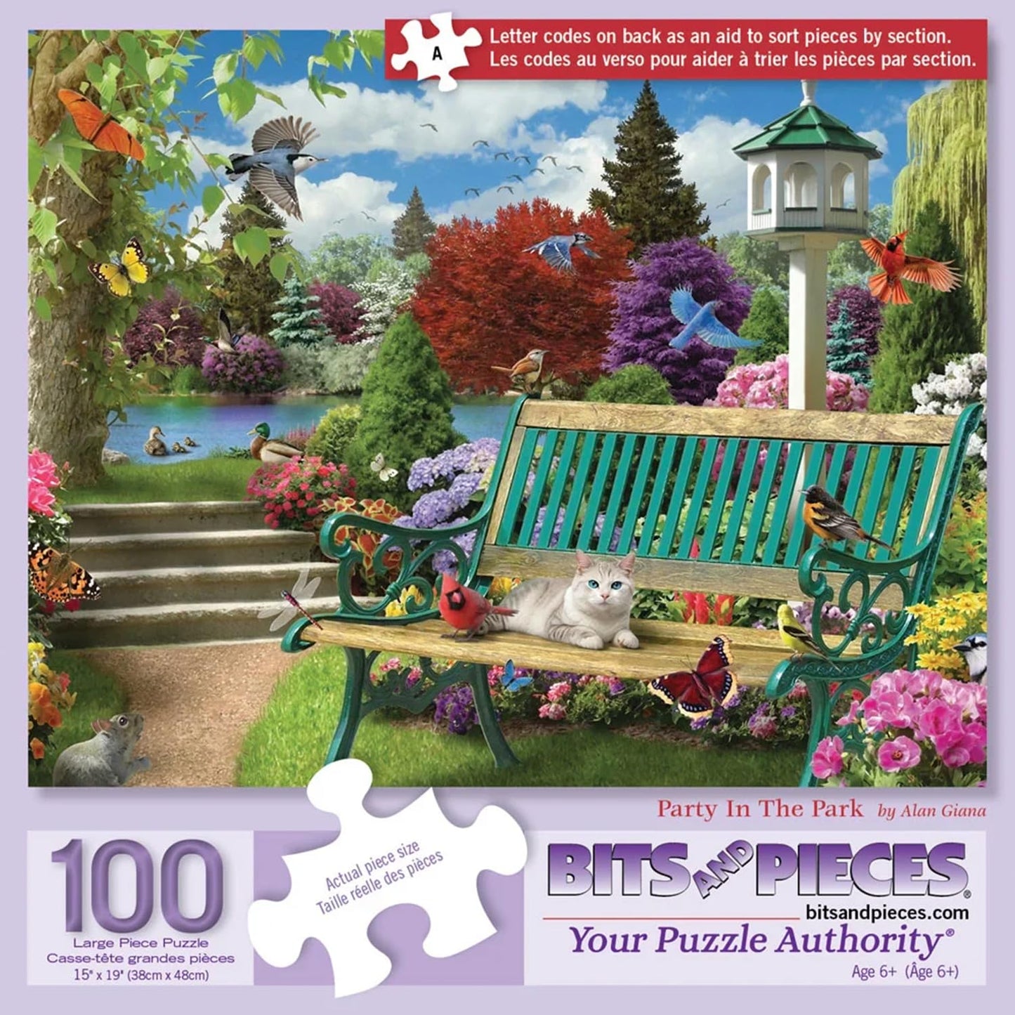 Bits and Pieces 100 Piece Puzzles for Adults - Party in The Park - 100 Extra Large Pieces 15" x 19" Jigsaw Puzzles, Cat Birds Spring, No 2 Pieces