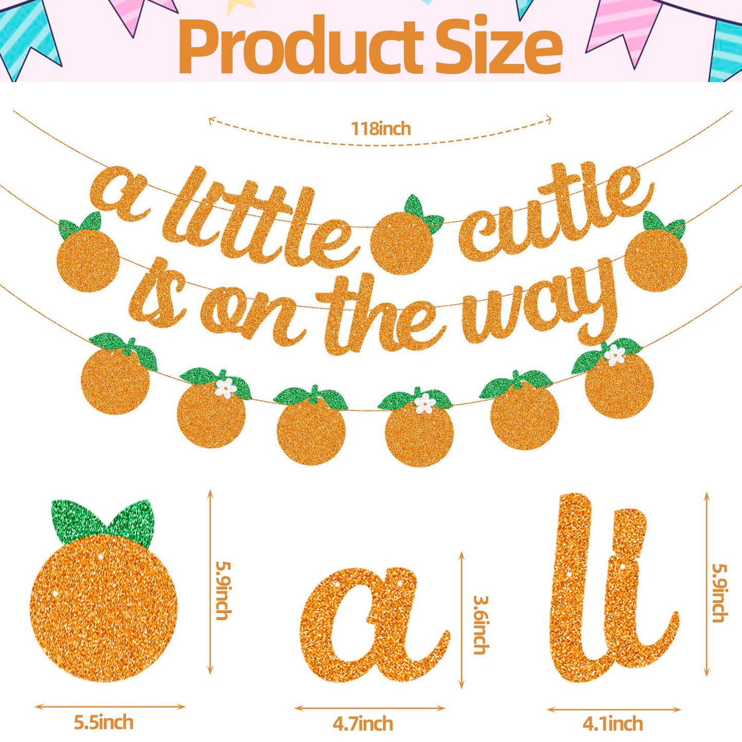 Glitter "A Little Cutie Is On The Way" Banner with Citrus Garland, Orange Fruit Baby Shower Decoration, Tangerine Themed Gender Reveal Summer Photo