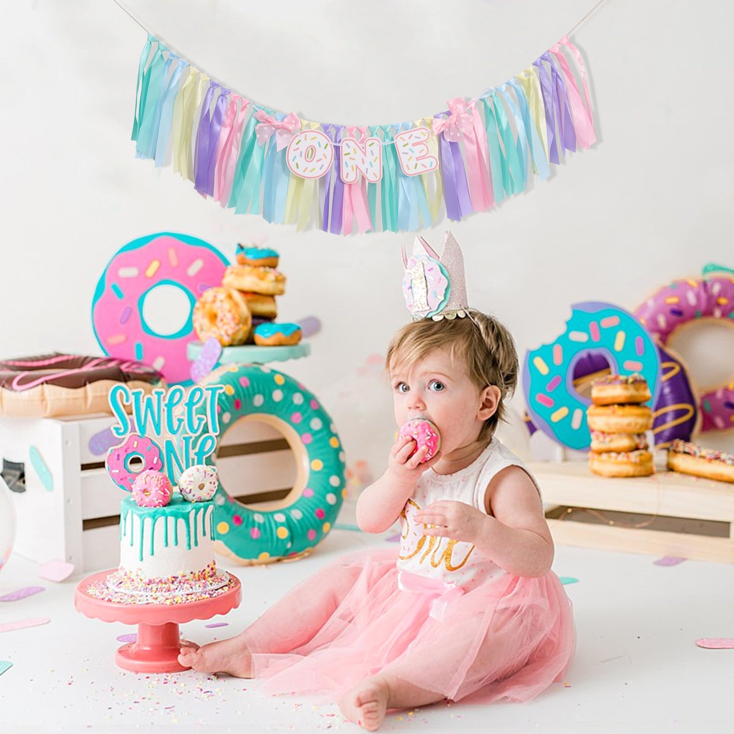 Donut 1 Years Old Birthday Banner - Sweet One Birthday Party Decorations, Soft Ribbon Ballet Skirt Set, Rainbow High Chair Garland, Sweet One Year