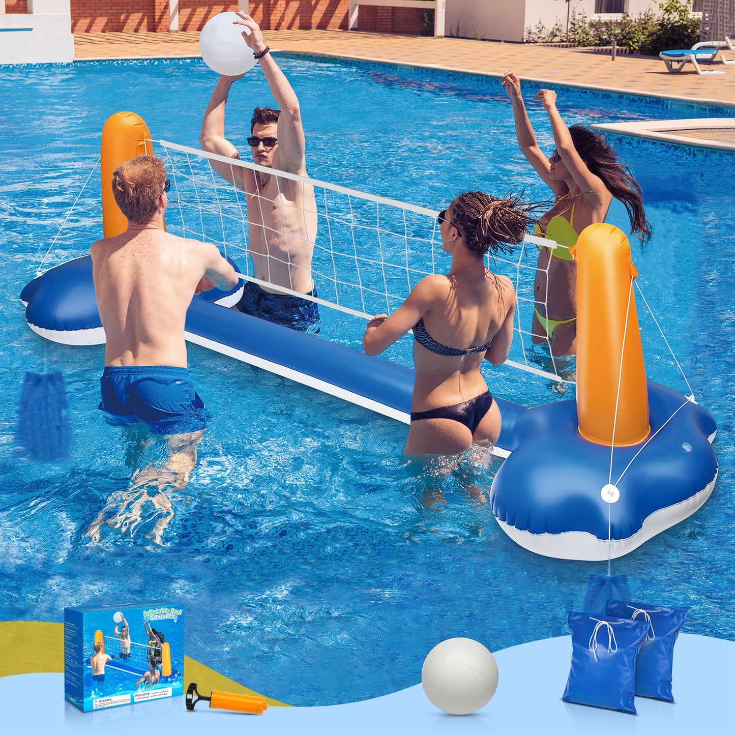 118" Pool Volleyball Net Set for Inground & Above Ground Pools | Complete Pool Game Kit with Water Volleyball, Pump & Adjustable Net, Outdoor Summer