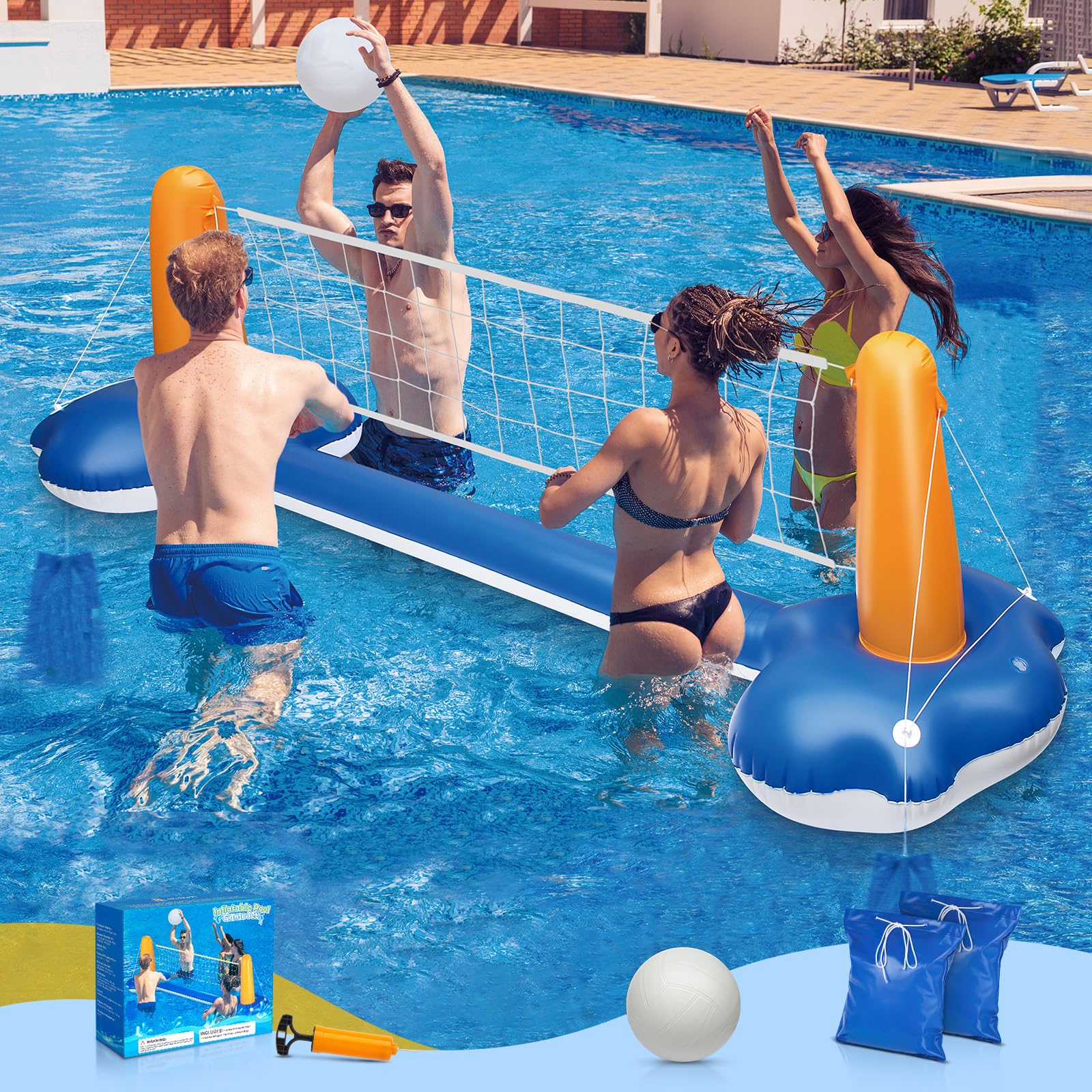 118" Pool Volleyball Net Set for Inground & Above Ground Pools | Complete Pool Game Kit with Water Volleyball, Pump & Adjustable Net, Outdoor Summer