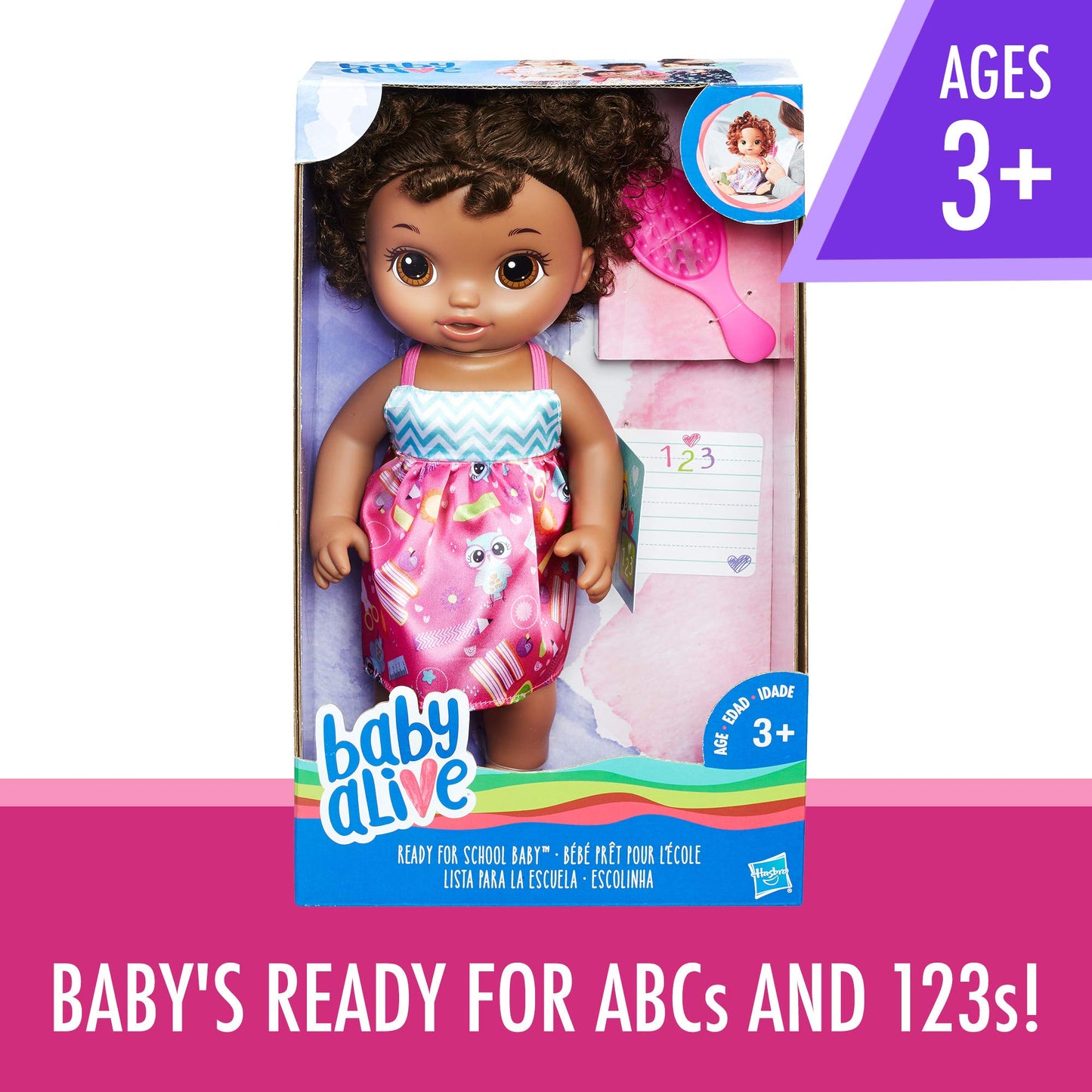 BABY ALIVE READY FOR SCHOOL BABY: Baby Doll with Black Curly Hair, School-Themed Dress, Doll Accessories Include Notebook & Brush, Doll For 3-Year-Old