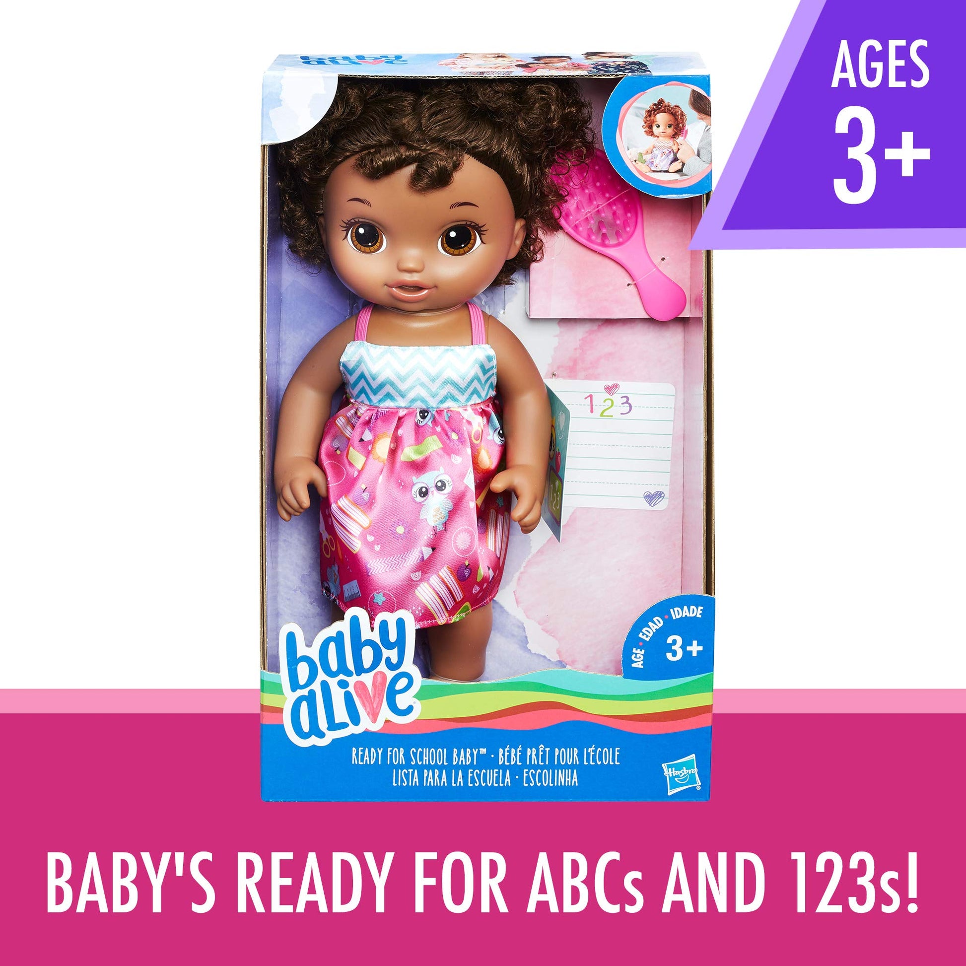BABY ALIVE READY FOR SCHOOL BABY: Baby Doll with Black Curly Hair, School-Themed Dress, Doll Accessories Include Notebook & Brush, Doll For 3-Year-Old