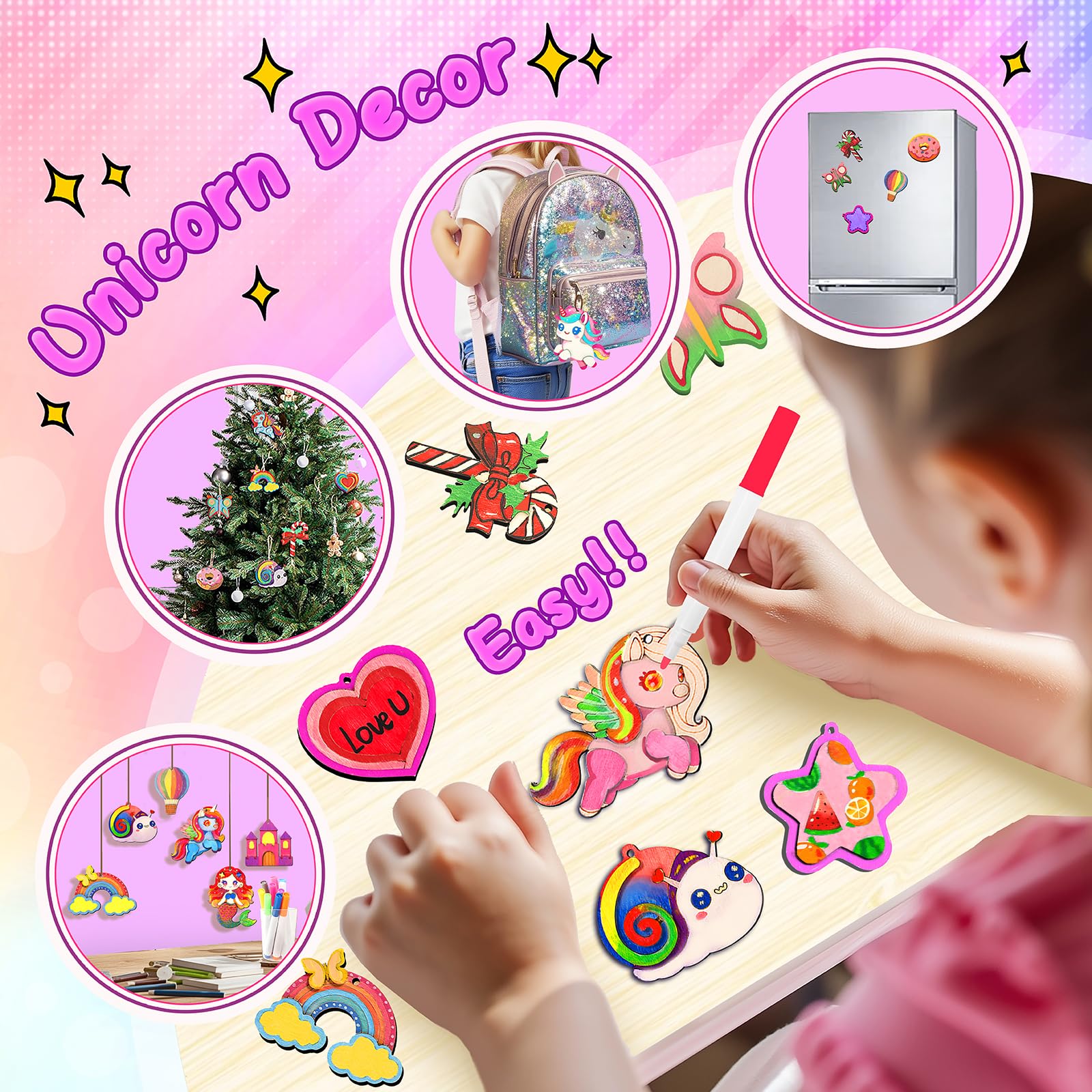 12 DIY Unicorn Wooden Magnets - Arts Crafts Painting Kits For Kids, Creative Art Supplies Paint Gift For Birthday Party Favors Family Easter Crafts