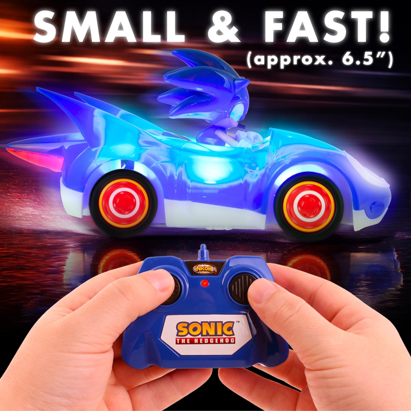 NKOK Sonic RC Car Glow Racer - Light-Up Remote Control Car, 1/28 Scale