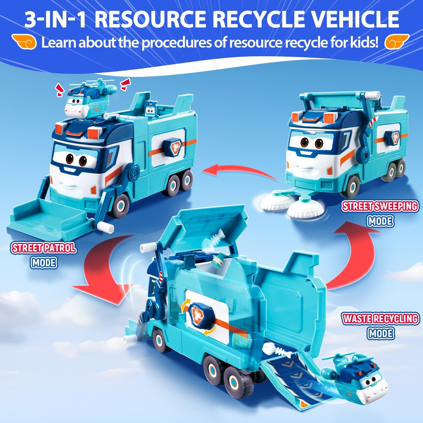 Super Wings Garbage Truck, Large Trash Marc and Cleaning Helicopter Shine Recycling Dump Play Set, Vehicle Learning Toys Set, Street Sweeper Cars Toys