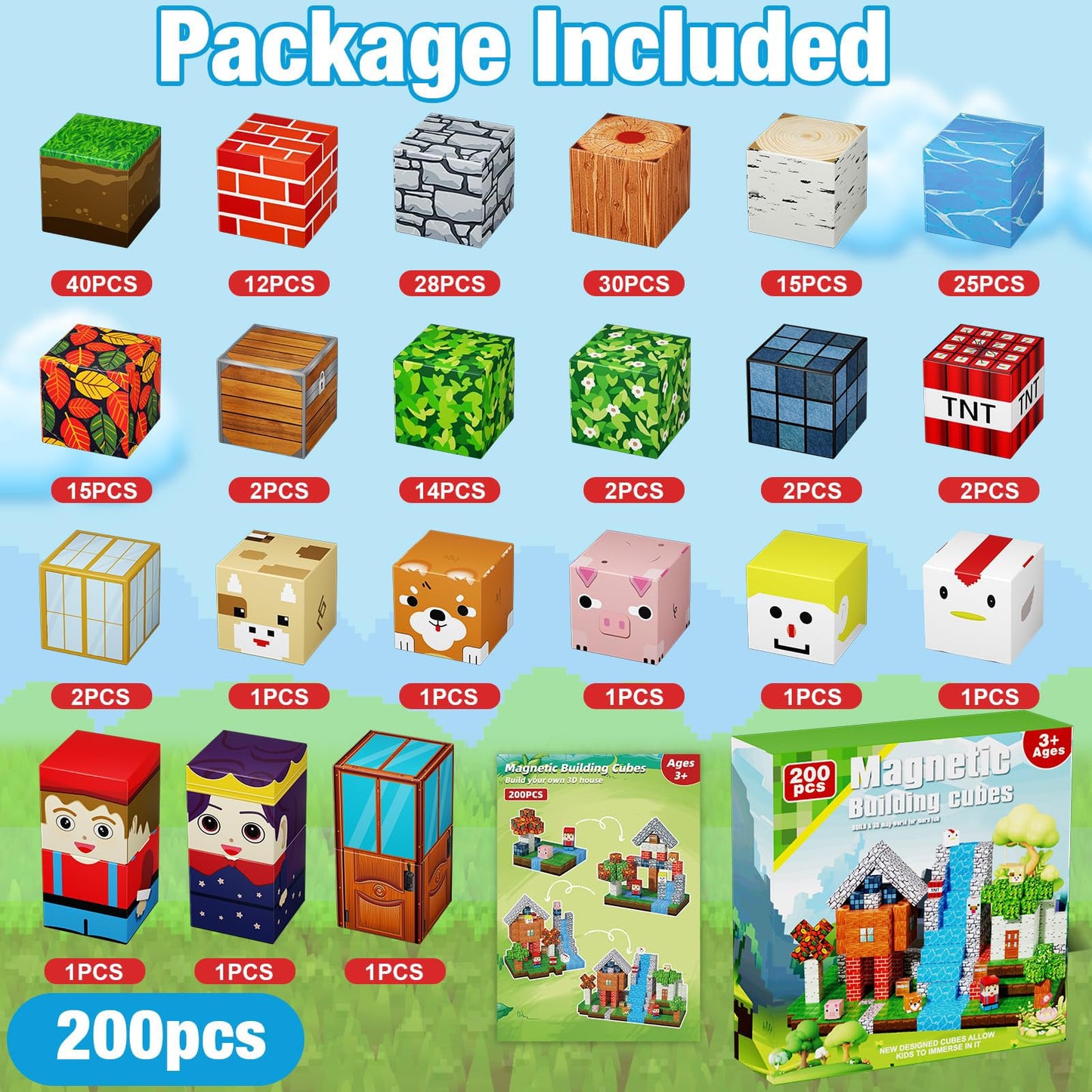 200PCS Magnetic Blocks, Magnetic Building Cube Toys for Kids, STEM Montessori Stacking, Sensory Education Toys for Toddlers Building World Set