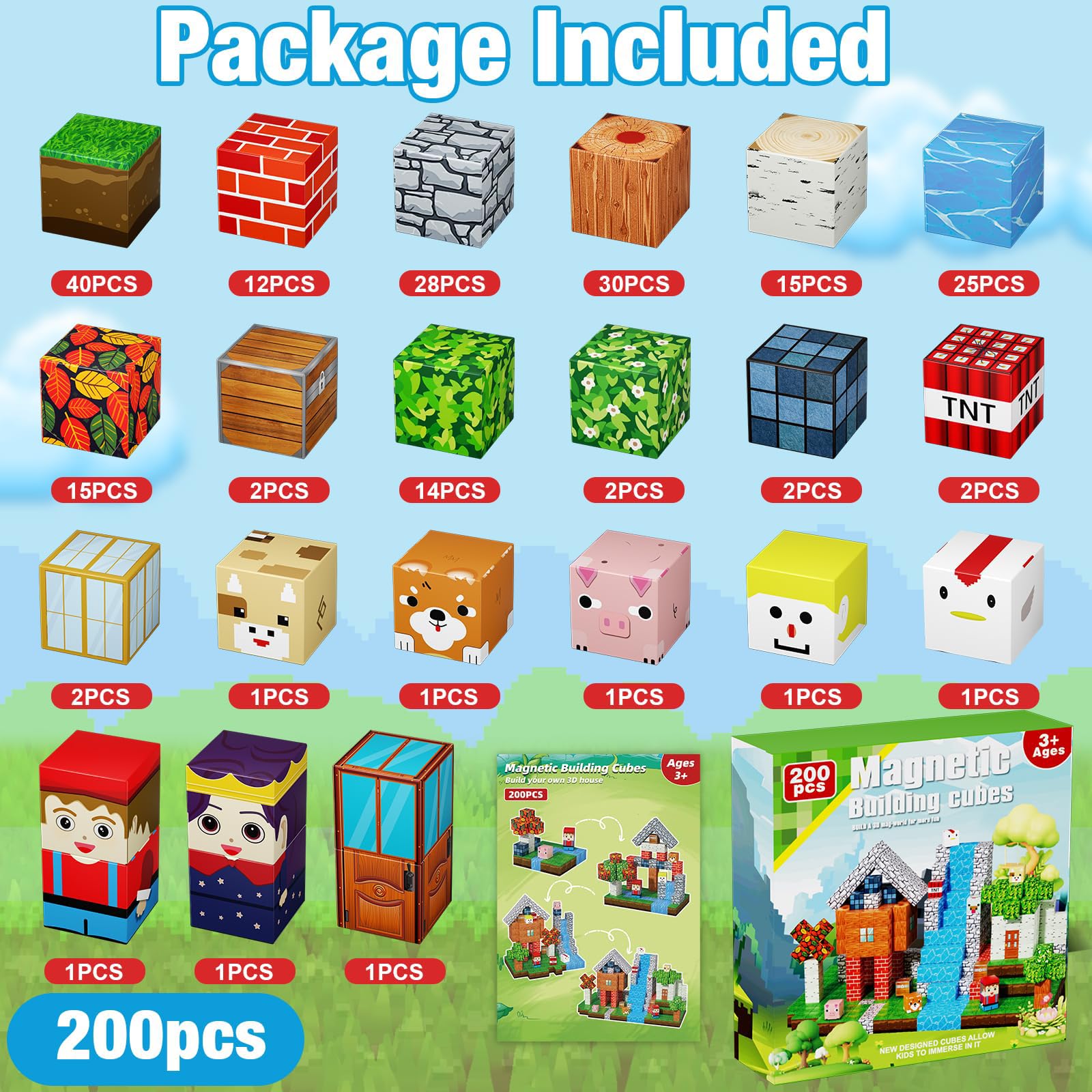 200PCS Magnetic Blocks, Magnetic Building Cube Toys for Kids, STEM Montessori Stacking, Sensory Education Toys for Toddlers Building World Set