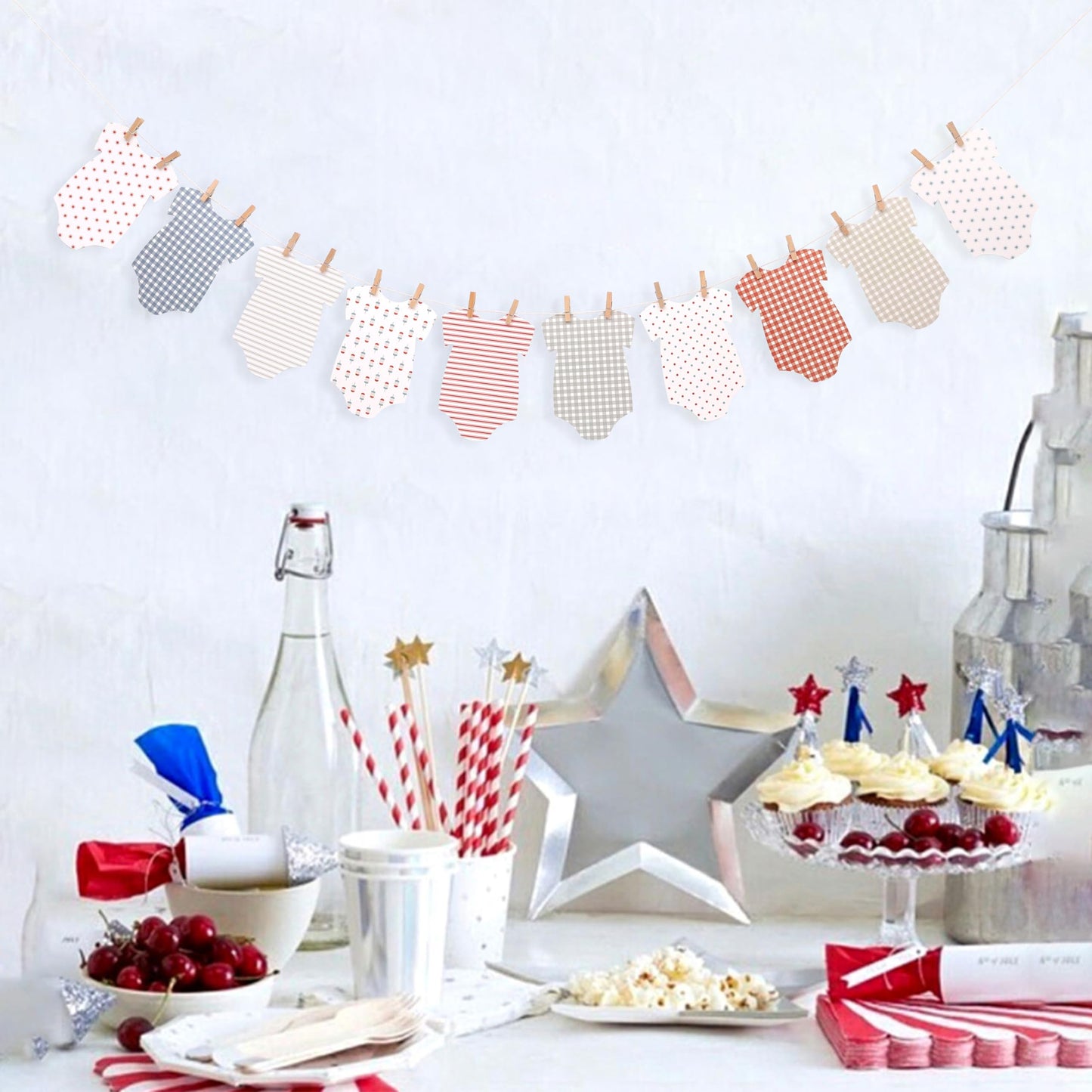 Red, White, and Blue Baby Onesie Banner - 4th of July Baby Shower Decorations, Baby Clothesline Garland for Nursery, Newborn Party Decor