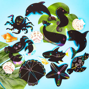 Bright Creations Rainbow Scratch Paper Ocean Animal Ornaments - DIY Doodling Kids Craft Activity - Pack of 50, 5 x 6 in, 10 Designs