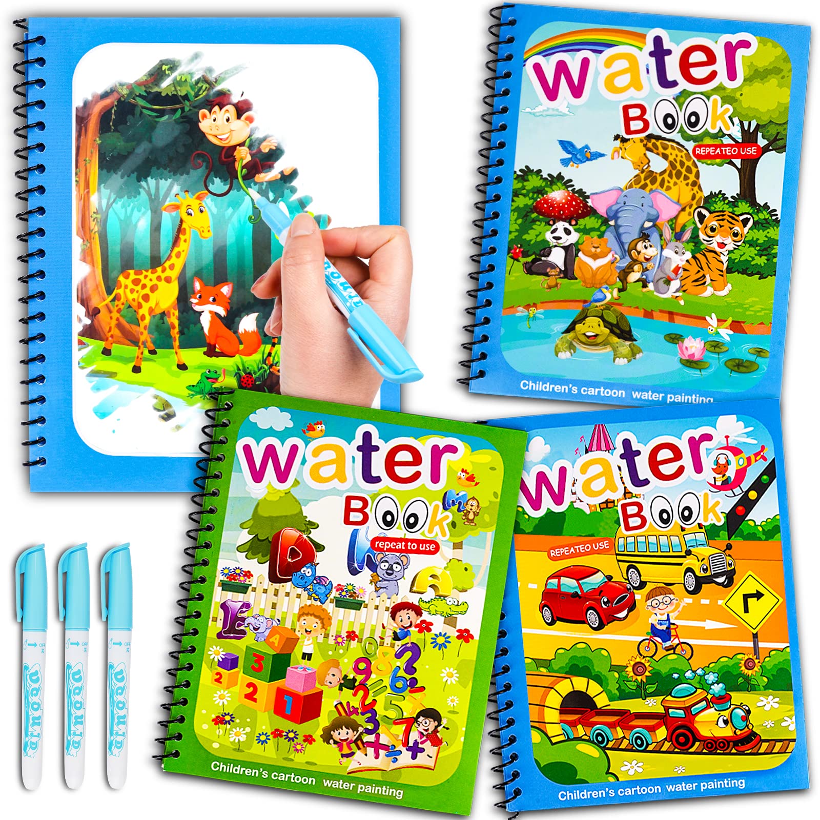 AIR BLOW Water Coloring Books for Toddlers, Water Painting Book with Water Pen, Mess-Free Coloring Book, Reusable Portable Educational Toys,