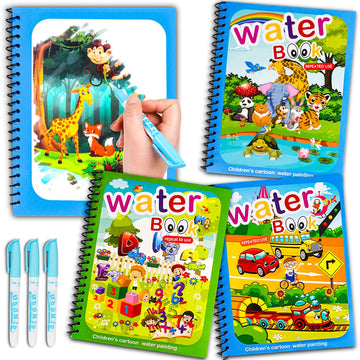 AIR BLOW Water Coloring Books for Toddlers, Water Painting Book with Water Pen, Mess-Free Coloring Book, Reusable Portable Educational Toys,