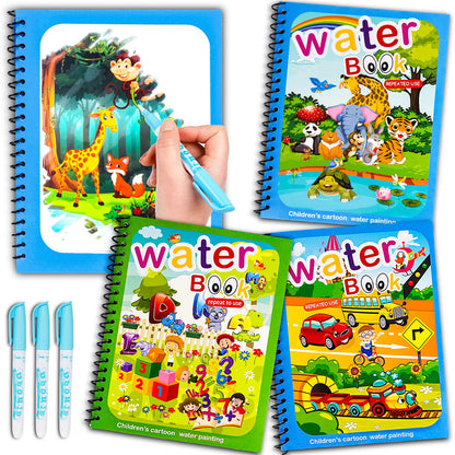 AIR BLOW Water Coloring Books for Toddlers, Water Painting Book with Water Pen, Mess-Free Coloring Book, Reusable Portable Educational Toys,