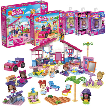 Mega Barbie Malibu Building Sets Bundle, 440 Bricks and Pieces with Fashion and Roleplay Accessories, 7 Micro-Dolls, 1 Puppy, 2 Birds and 2 Turtles