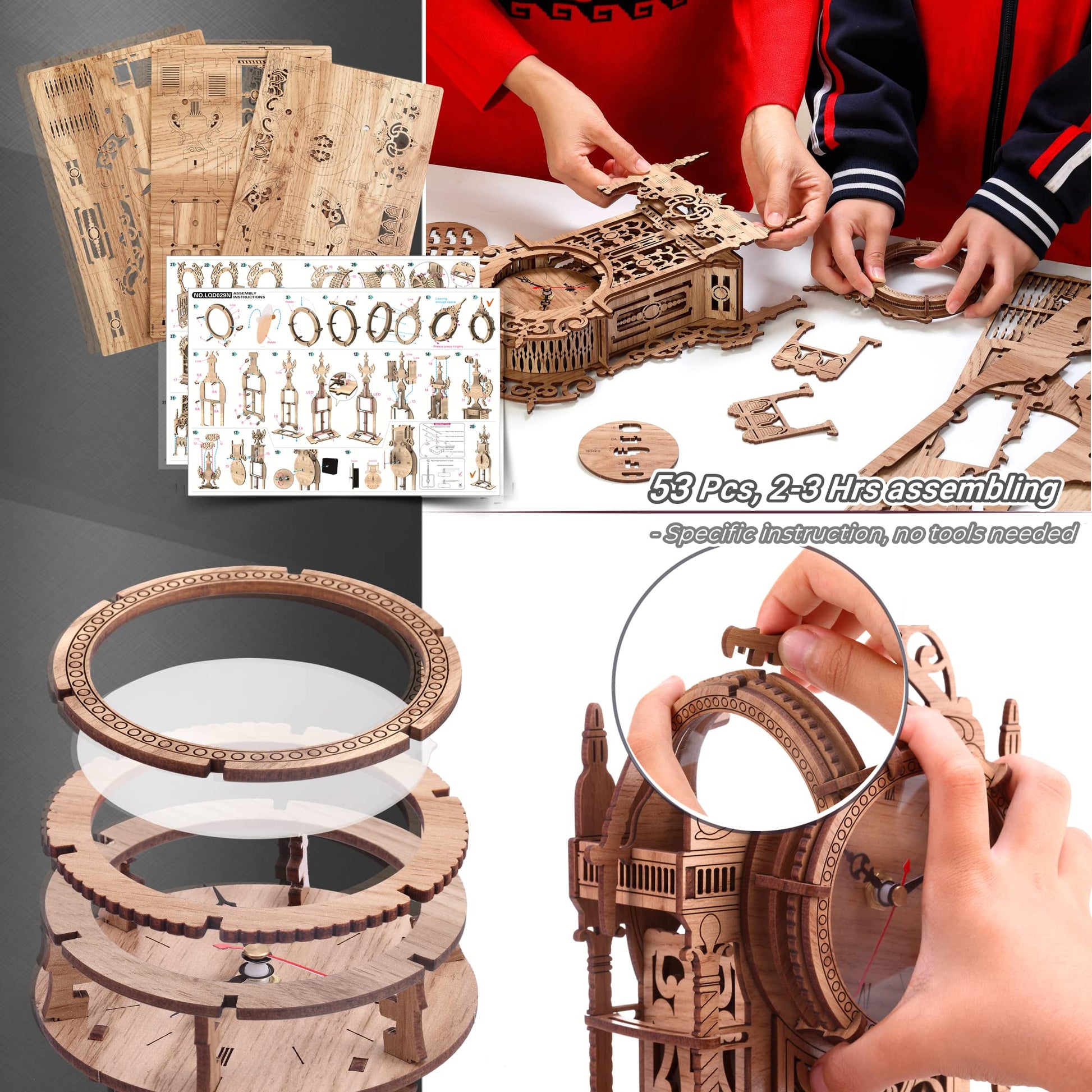 FUNPOLA 3D Wood Puzzle LED Tower Clock, 3D Puzzle Building Desktop Clock Model DIY Architectural Building Blocks (LED-TC01 Wood)