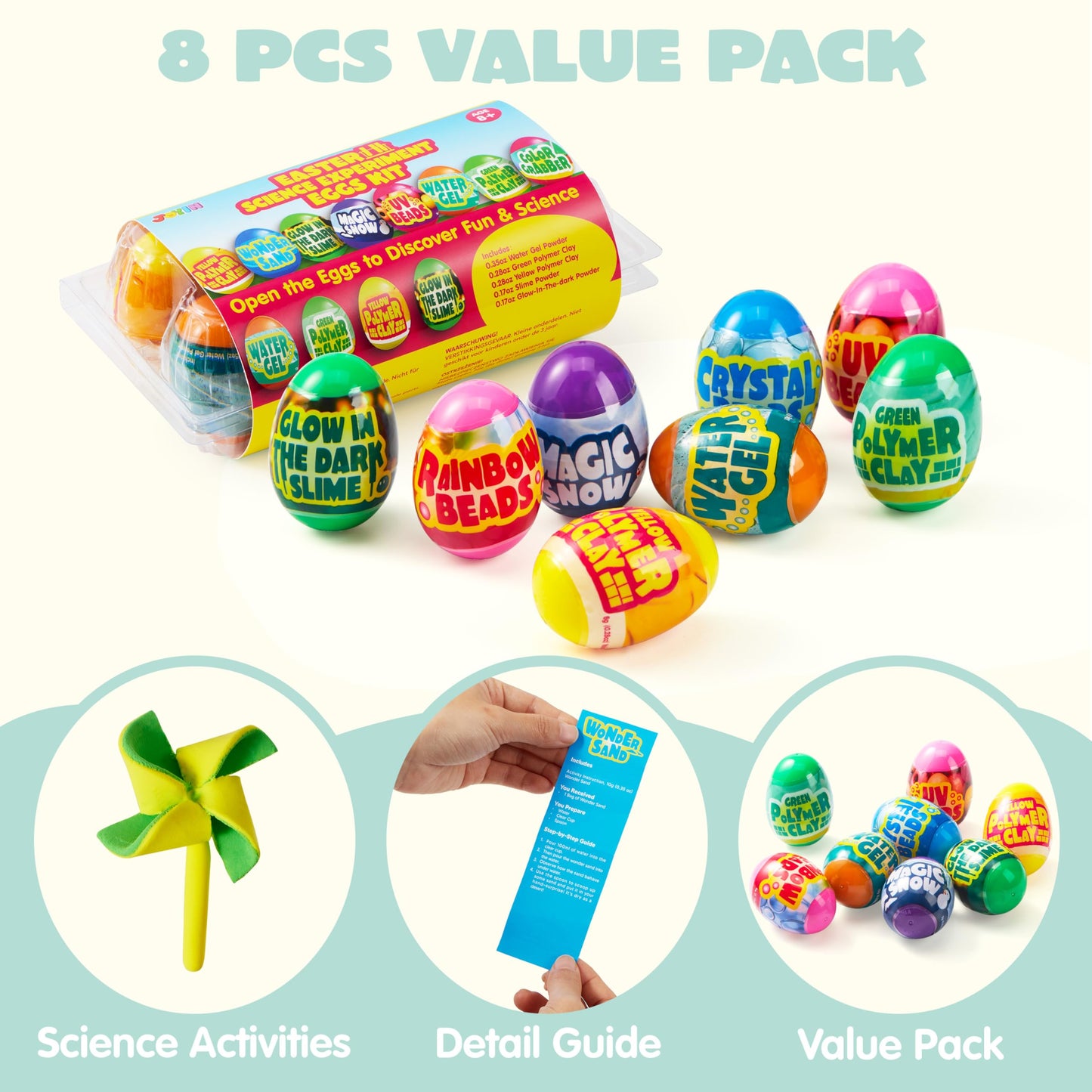 JOYIN 8 Pcs Easter Science Experiment Eggs, Colorful Eggs Prefilled with Science Activity Kit, Easter Hunt, Basket Stuffer Filler, Party Favor, STEM