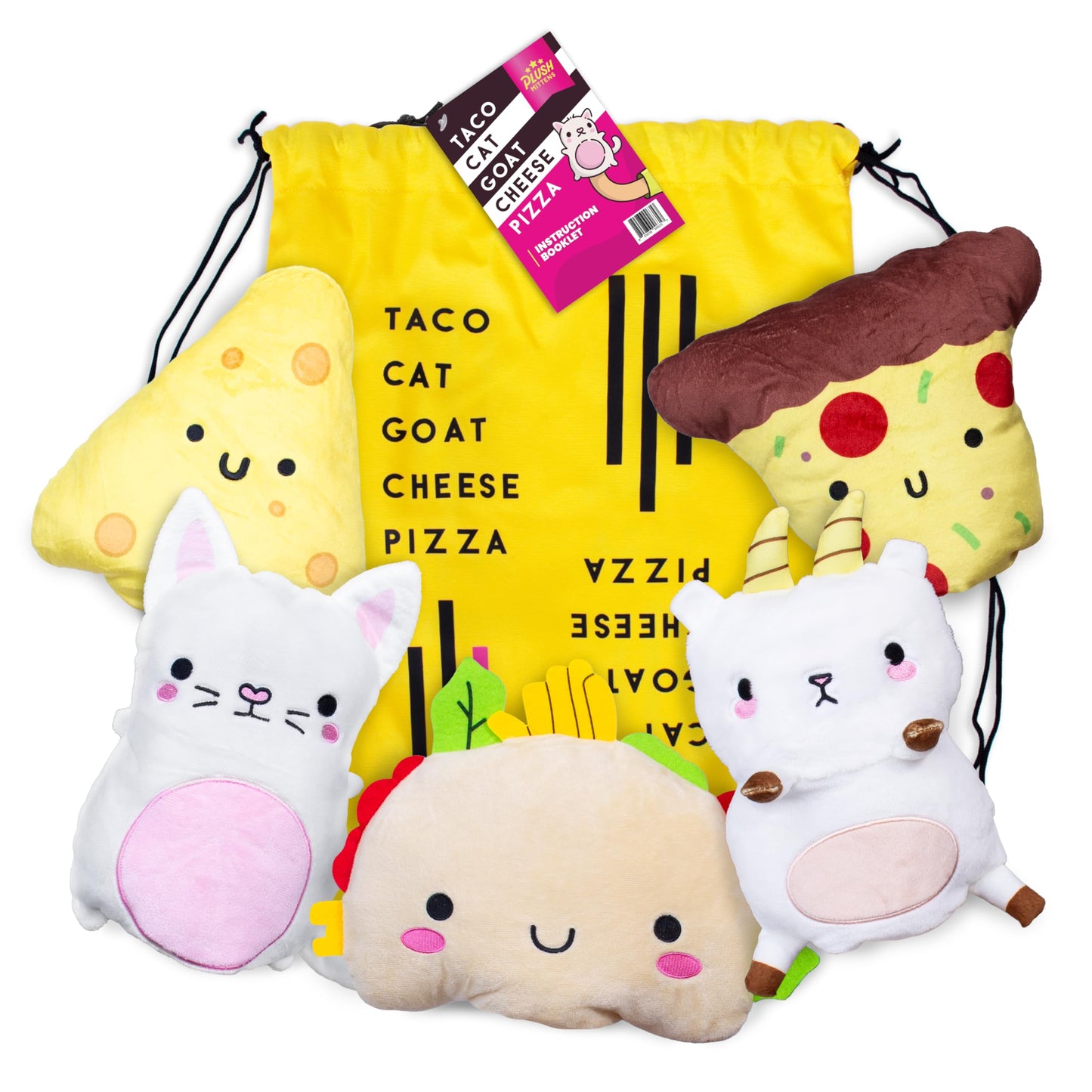 Taco Cat Goat Cheese Pizza Wildly Entertaining Plush Mittens Set | Official Game Accessories Bundle 5 Character Plush Mittens, 1 Drawstring Bag,