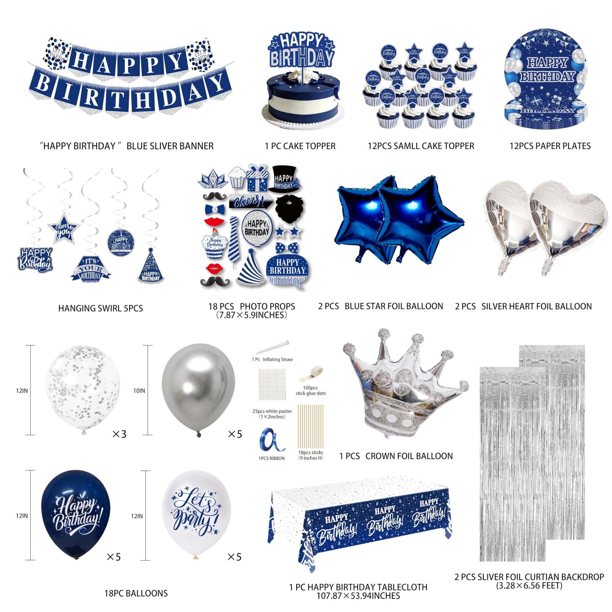 Birthday Decorations Men Blue - (Total 89pcs) blue party Banner, Pennant, Hanging Swirl, Foil Backdrops, balloons, Tablecloths, cupcake Topper